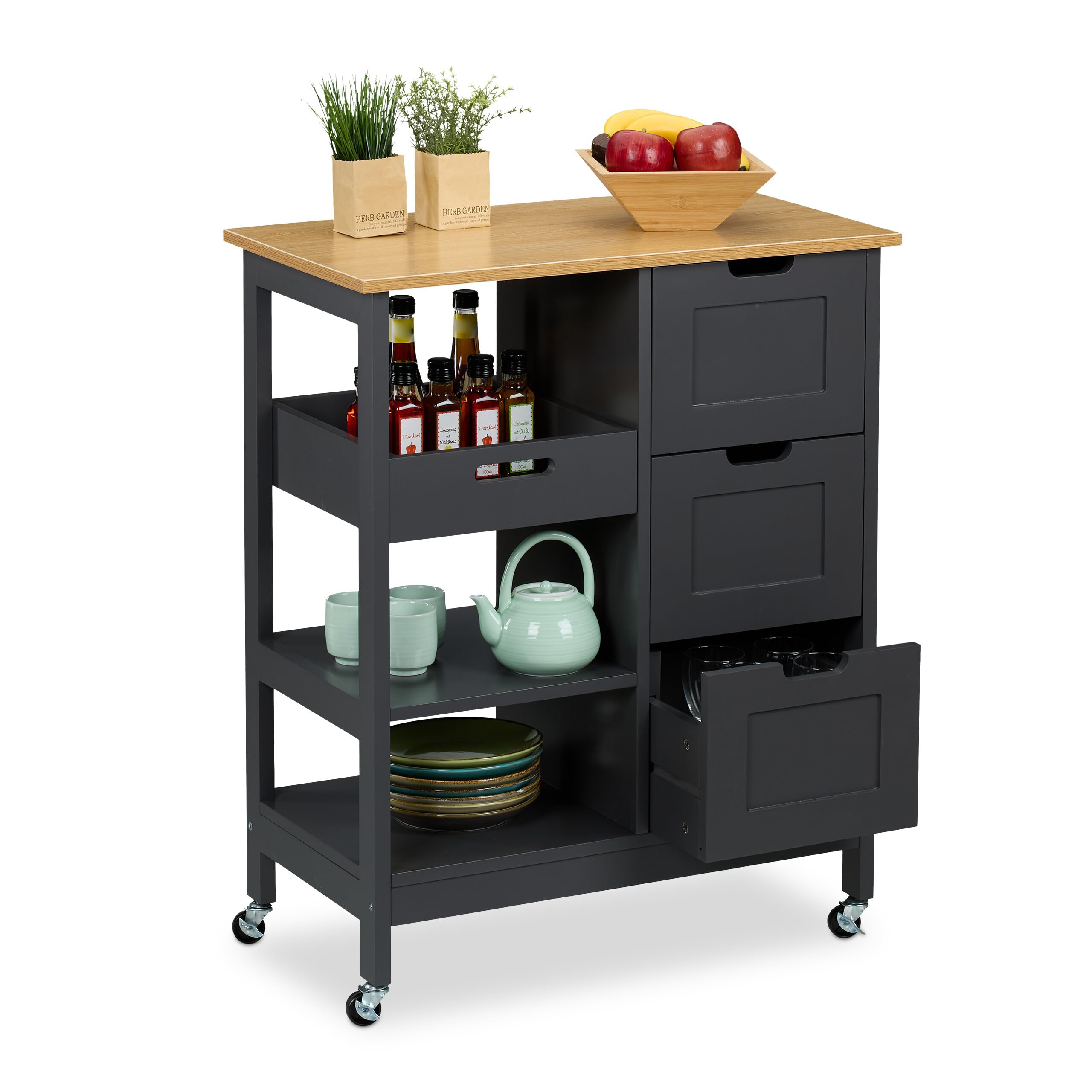 Relaxdays Kitchen Island Cart, with Countertop, 3 Drawers, 3 Shelves, 85 x 68.5 x 38.5 cm, Rolling Trolley, Grey/Natural