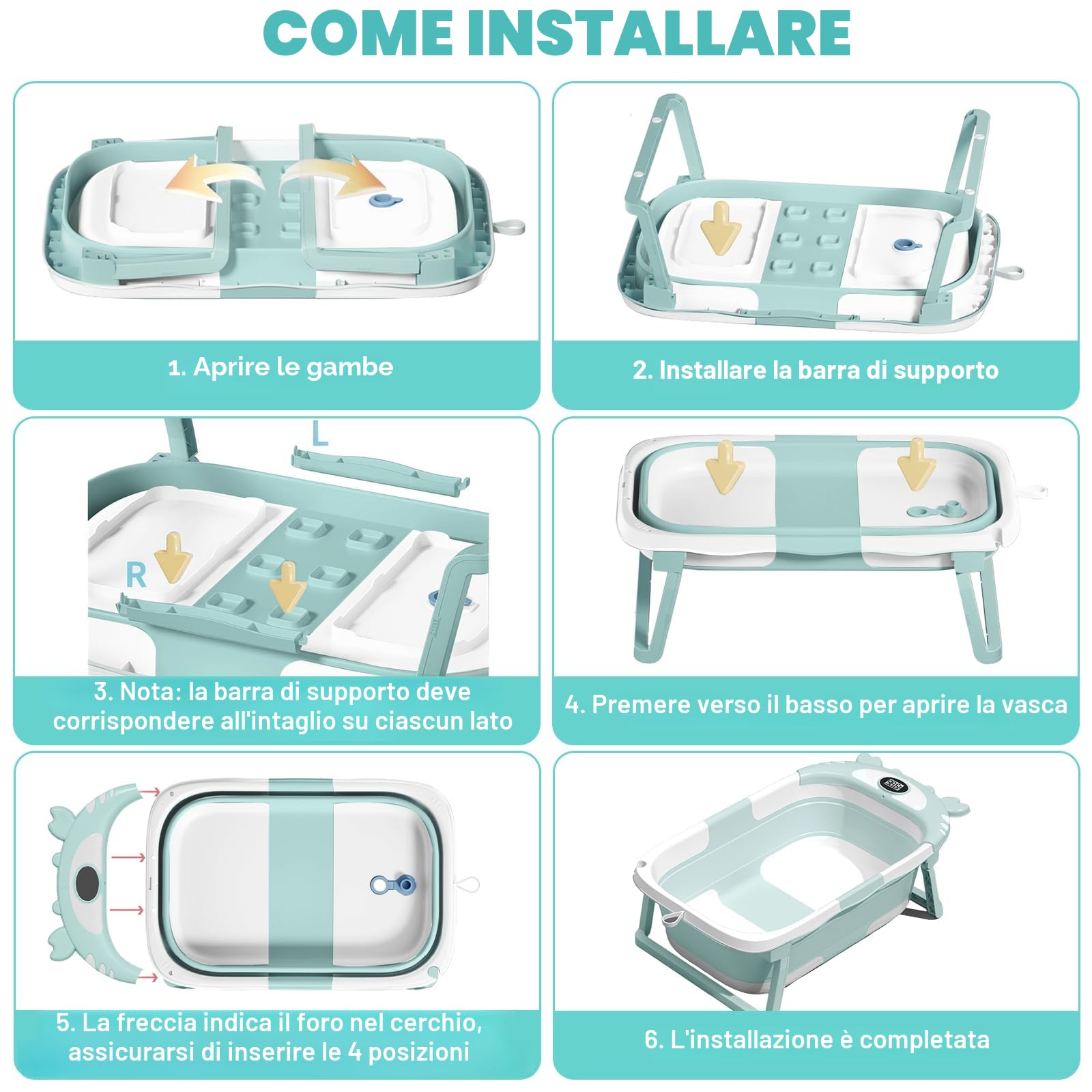 Vaschetta Bagnetto Neonato Pieghevole, Vaschetta Bagnetto Neonato con Termometro E Cuscino Staccabile, Riduttore Vaschette Bagnetto 0-36 Mesi (Verde)