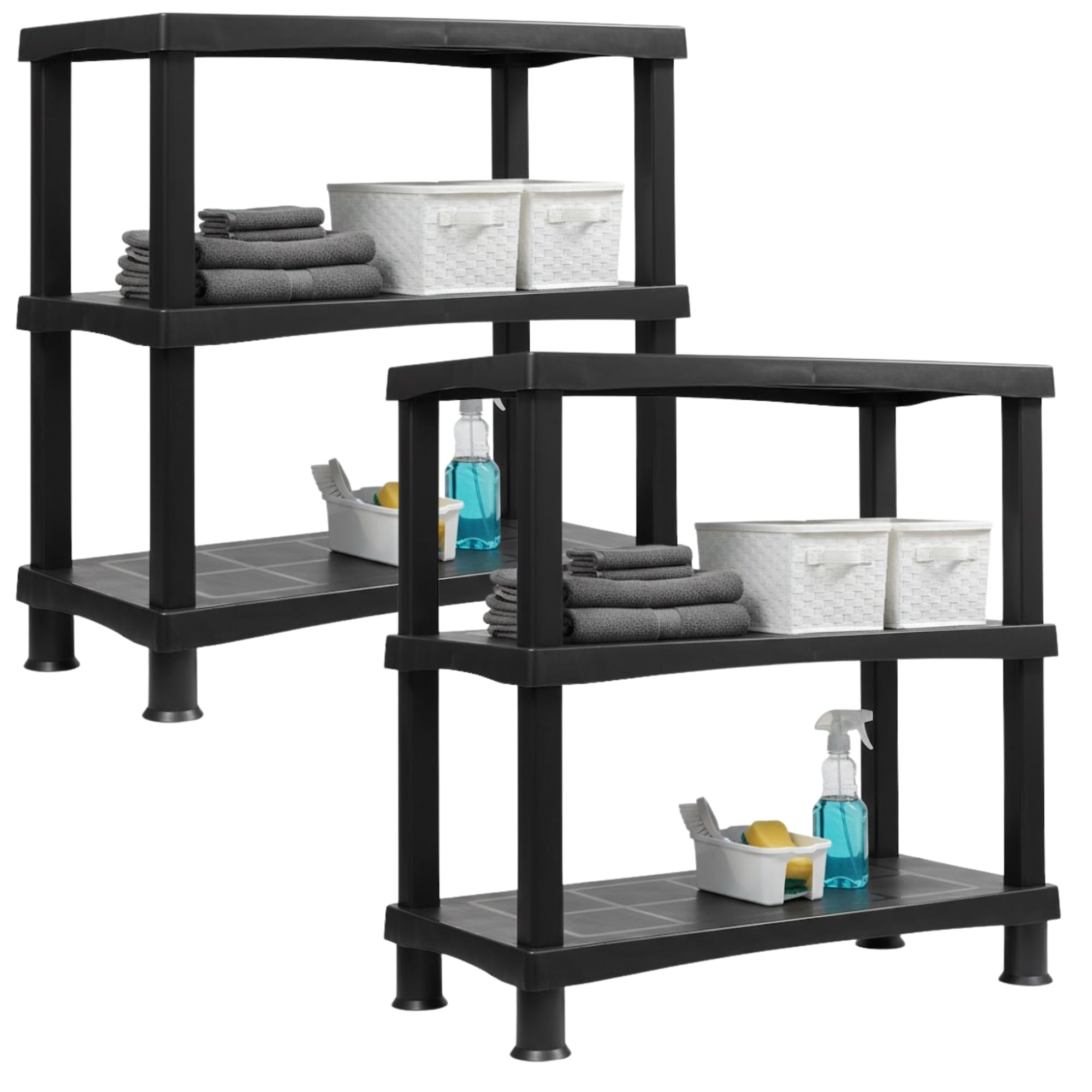 ALEEZ - 3 Tier Plastic Shelving Unit - Heavy Duty Storage Shelves - Storage Rack For Home, Garage, Shed, Warehouse - 25kg/55lbs Per Shelf - No Tools Required - Push Fit Assembly, Black (2, 3 Tier)
