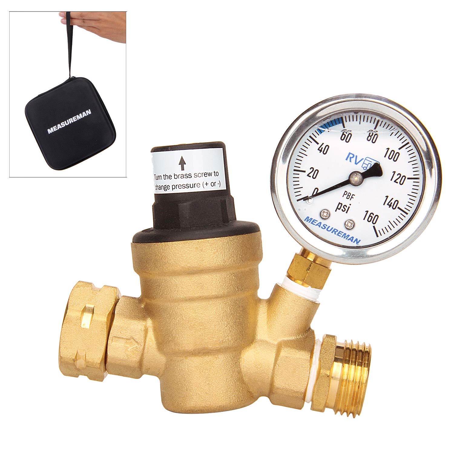 MEASUREMANAdjustable Brass Lead Free RV Pressure Regulator, Pressure Reducer with Liquid Filled Pressure Gauge 160psi and Inlet Screened Filter for RV Camper Travel Trailer