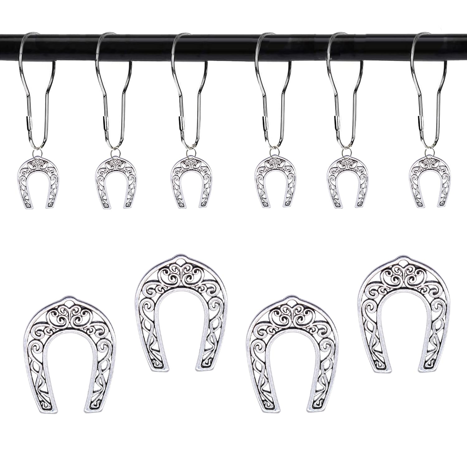 Yrmlymop Western Shower Curtain Hooks,12 Pcs Horseshoe Shower Curtain Hooks Decorative, Rust Resistant Metal Curtain Rings, Vintage Western Cowboy Rustic Ranch Home Bathroom Decor(Silver)