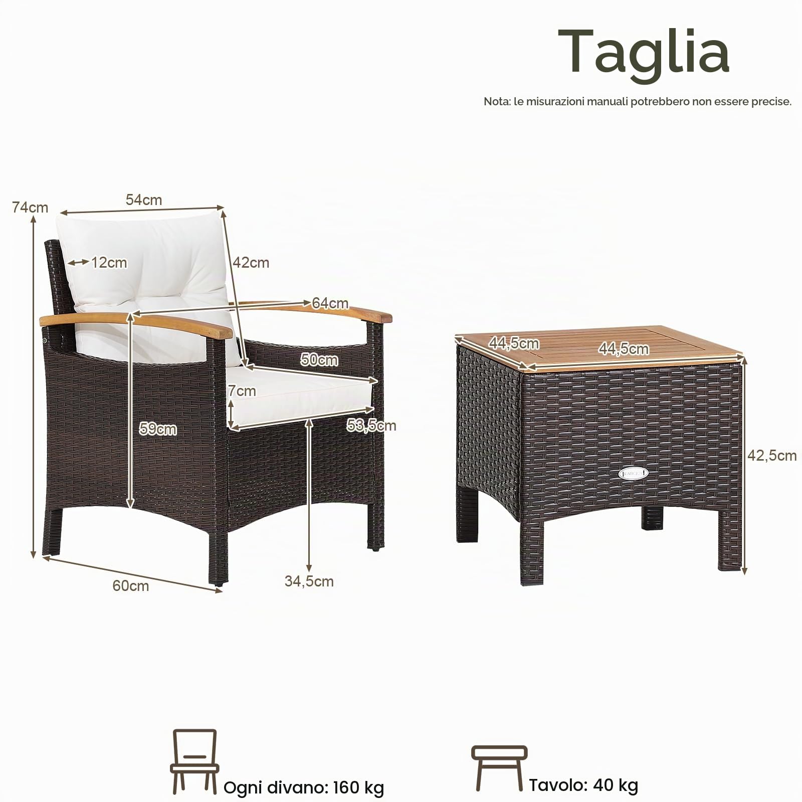KOMFOTTEU Set di 3 mobili da giardino in rattan e legno di acacacia, mobili da balcone con 2 poltrone e 1 tavolino, per giardino, balcone, marrone e bianco