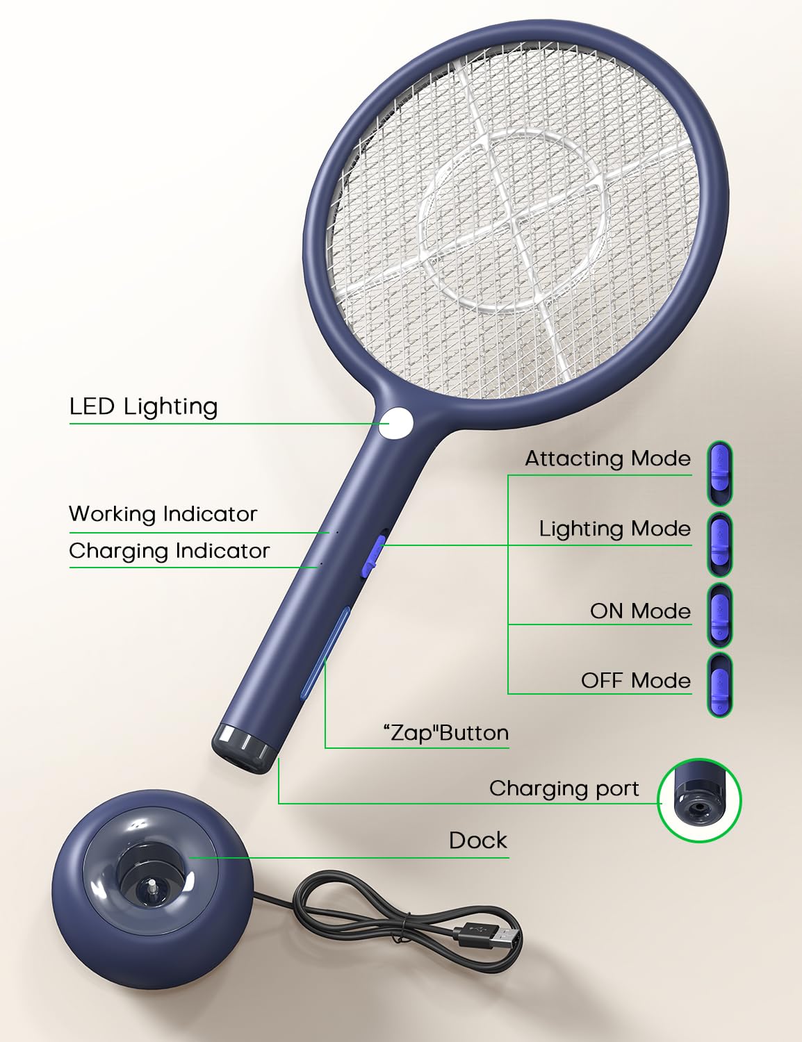 AROEVE Elektrische Fliegenklatsche, 2-in-1 Fliegenklatsche, 4000V, USB-Ladebasis, 1200mAh wiederaufladbarer Akku, Auto-Anlockmodus, LED-Licht, 3-Fach Schutznetz, für Innen/Außen, Blau