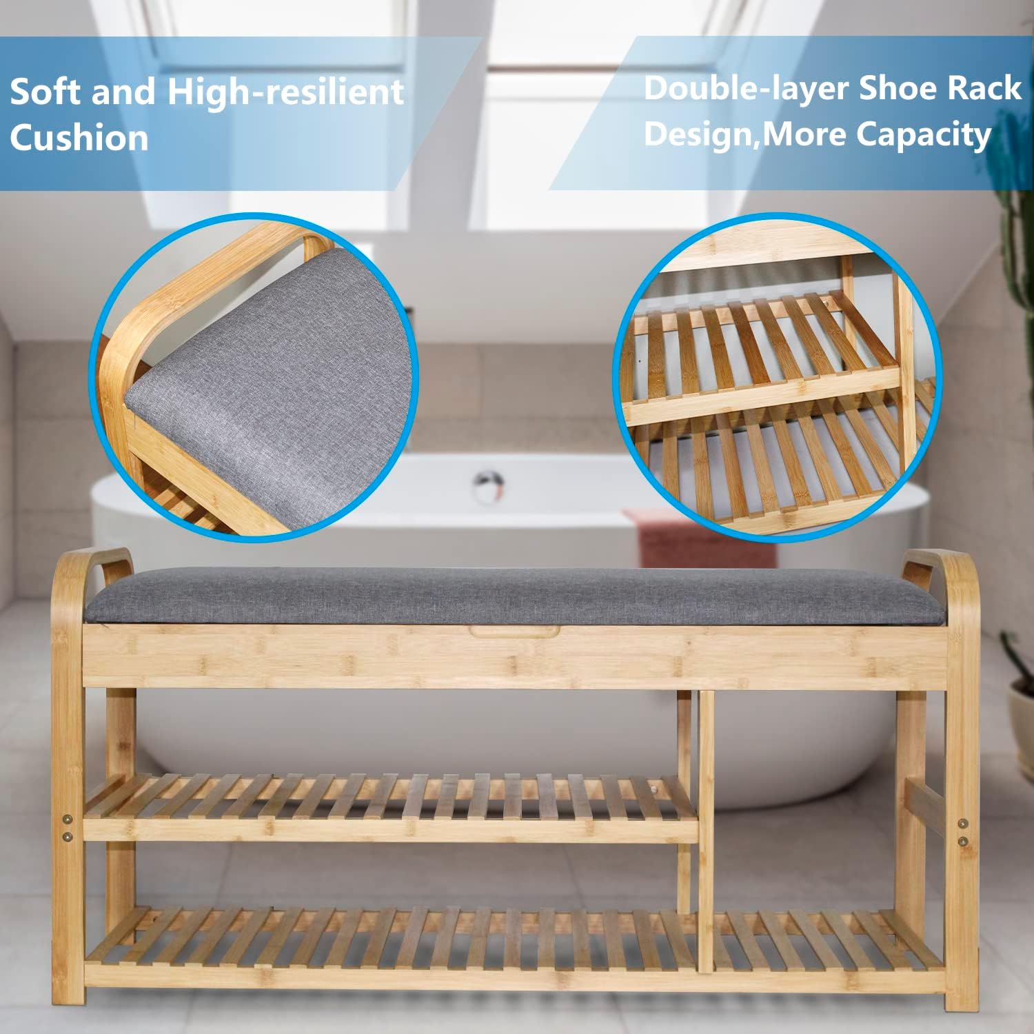 Bmaboo Modern Shoe Rack Bench with Storage, 3-Tier Upholstered Flip-Top Shoe Storage Entryway Bench, Shoe Organizer Shelf with Flip-up Cushion for Entryway, Hallway, Bedroom Holds Up to 330 lbs