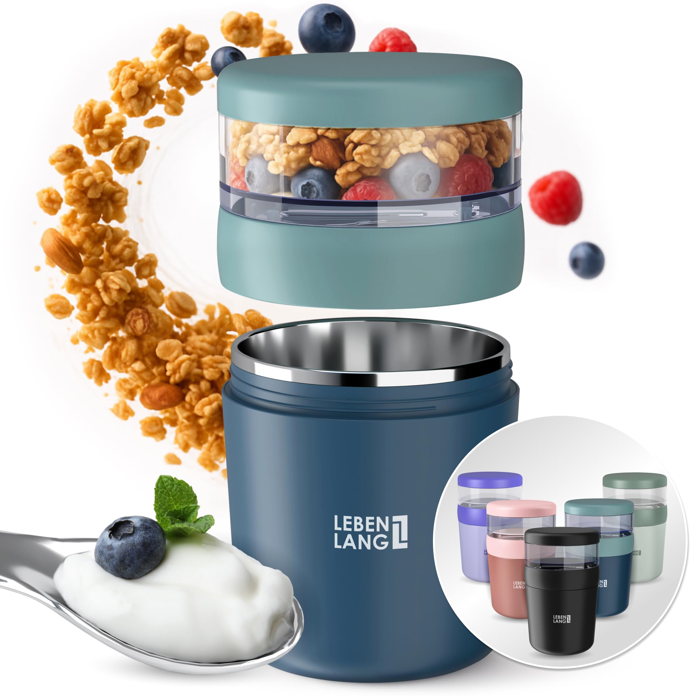 LEBENLANG Müslibecher To Go mit Löffel - Isolierende Edelstahlinnenwand & 650ml I Yogurt Becher To Go Müsli-To-Go Becher I Müslibecher To Go Kinder Brotdose Müsli Müsli Becher 2 Go Cereal On The Go