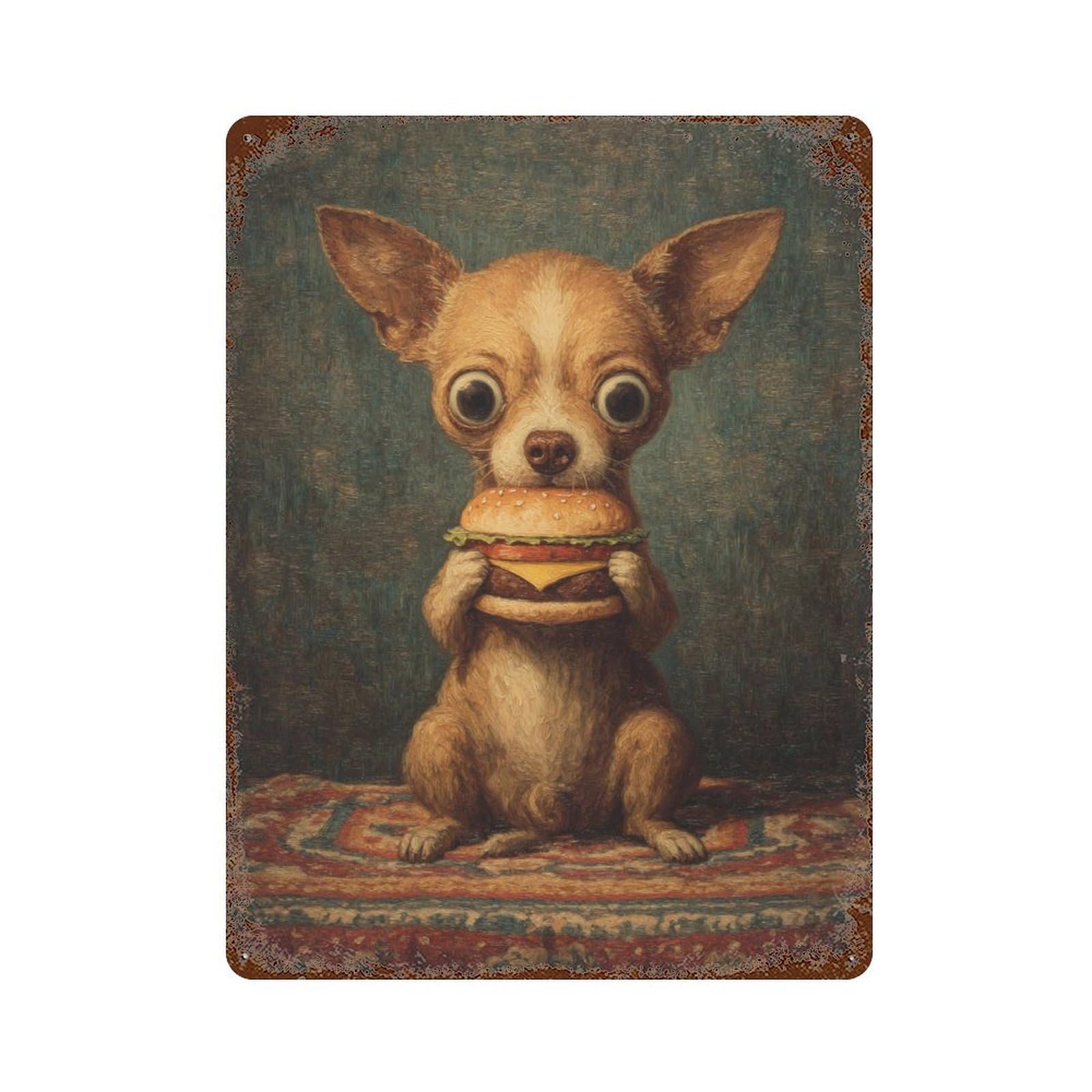 Chihuahua with Cheeseburger Rust Effect Tin Sign 15.7"x11.8", Vintage Wall Decor for Bistro, Counter And Cafe Decor