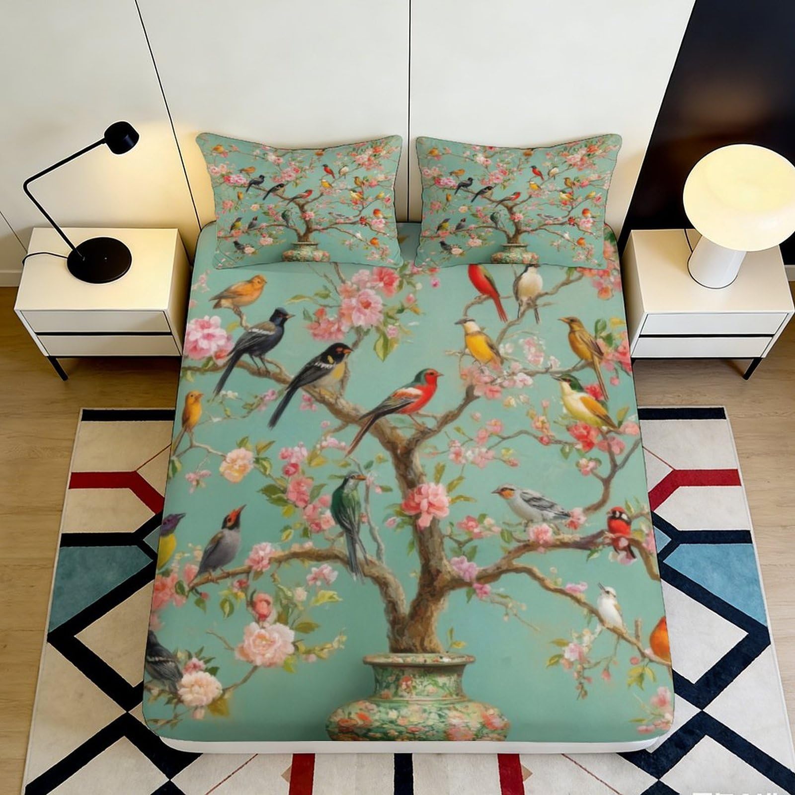 3D Printed Blossom Bird Tree Fitted Sheet Microfiber Soft Breathable Floral Songbird Mattress Cover for Bedroom Decor 90x200x25cm