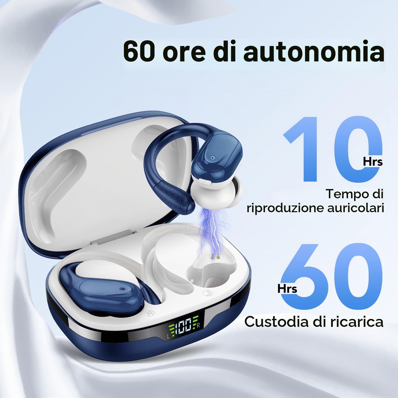 Cuffie Bluetooth, Sport Auricolari Bluetooth 5.3 con Gancio per Orecchio, 60H con Indicatore LED per Cassa di Ricarica, Chiamata ENC HD, Vestibilità Comoda, Impermeabile IPX7(Blu Profondo).