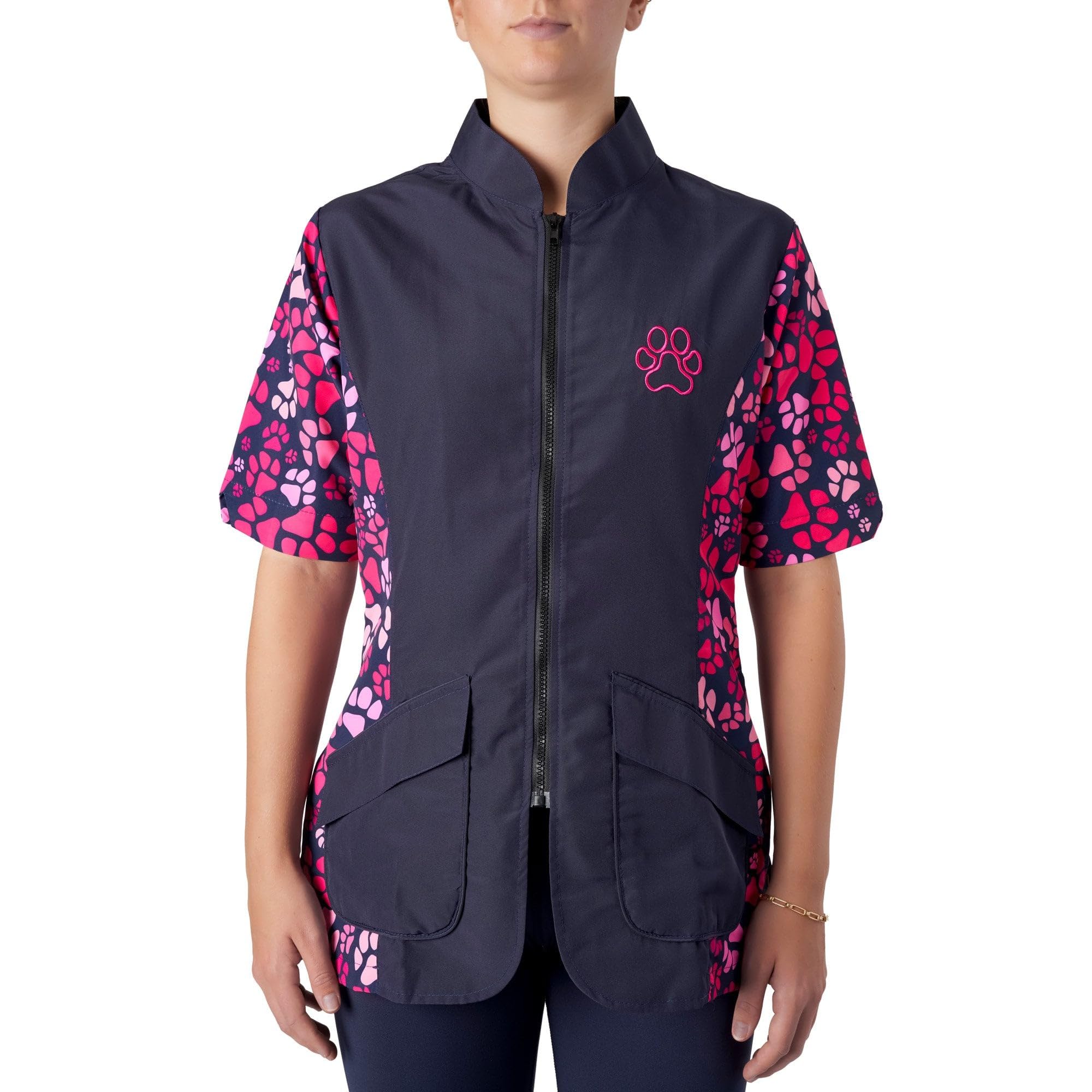 Groomers Mandarin Collar Zip Up Dog Grooming Tunic/Jacket - Pet Hair Resistant/Quick Drying Workwear - Navy/Pink Paw Print - XXL