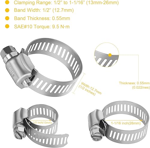 Miniatura 24 de WINL Abrazaderas de manguera de acero inoxidable de 1/2 pulgadas - 24 unidades de abrazaderas de manguera de transmisión de engranajes helicoidales