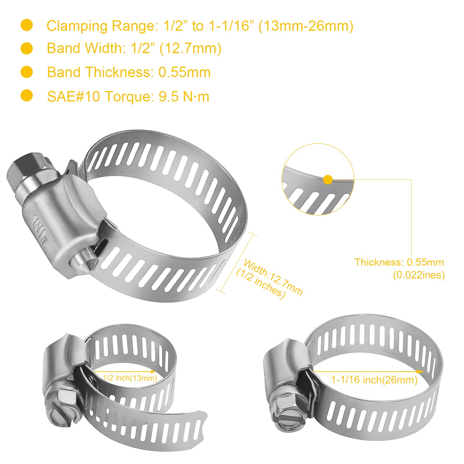 WINL Edelstahl-Schlauchschellen – 16 Stück, Schneckengetriebe-Schlauchschellen, SAE 10, Spannbereich von 13 mm bis 26 mm, für Automobil-Rohrleitungen, 1/2 Zoll, 3/4 Zoll, 1 Zoll Klemmen
