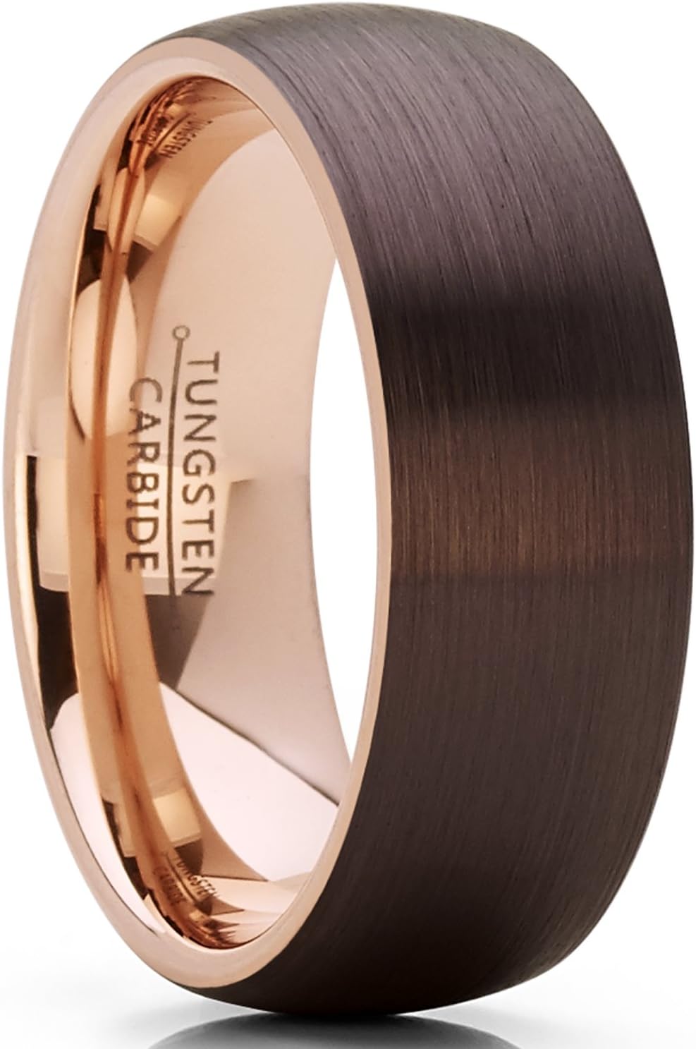 Men's Women's Chocolate Brown and Rose Tone Tungsten Carbide Wedding Band Ring, brushed dome Comfort Fit 8mm