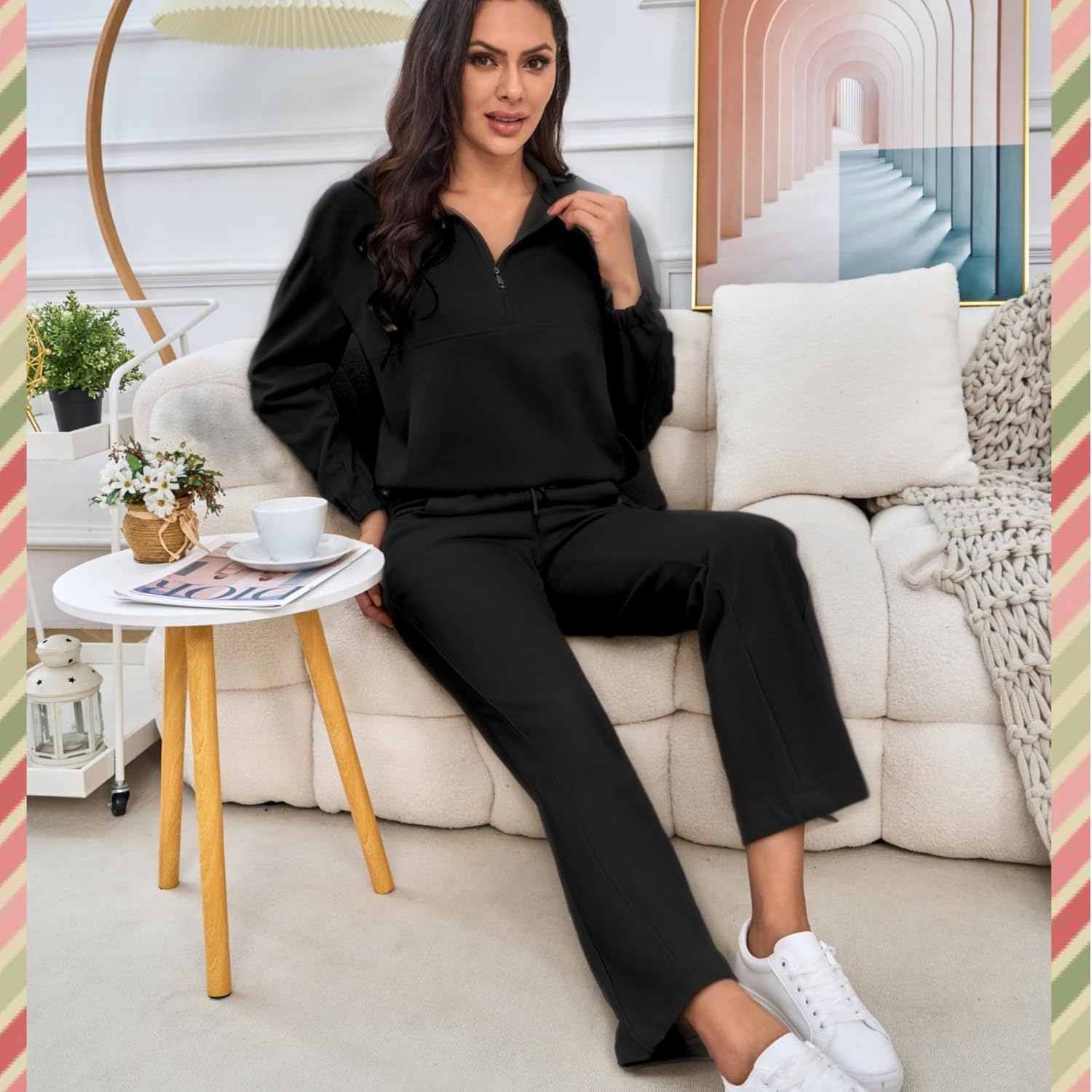 Womens 2 Piece Sets Travel Outfits Half Zip Sweatshirt And Wide Leg Sweatpant Airport Outfits for Women