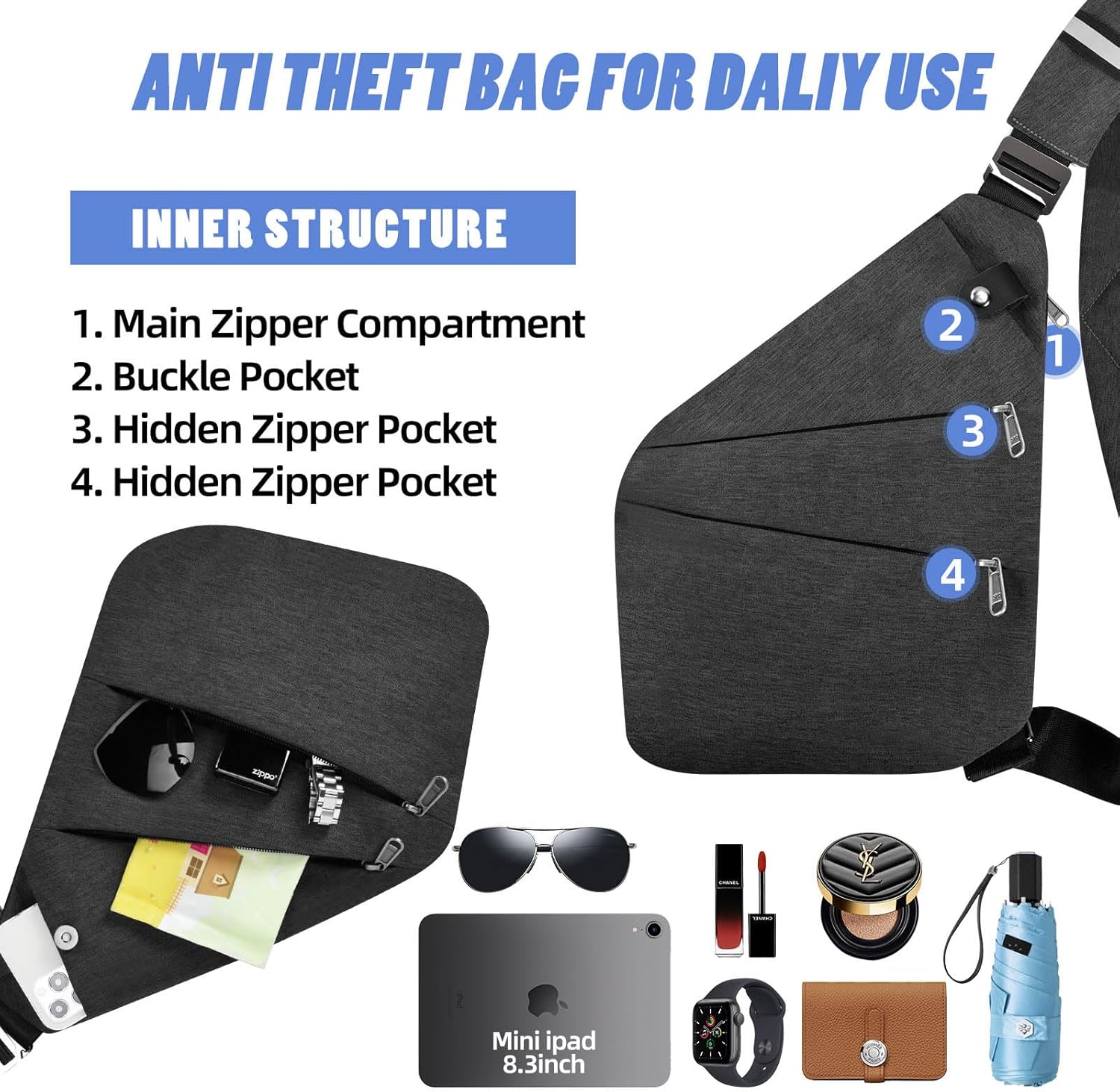 Anti Theft Crossbody Bag,Anti Theft Travel Bag for Women Men,Sling Crossbody Bag for Travel, Sport, Work - Image 3