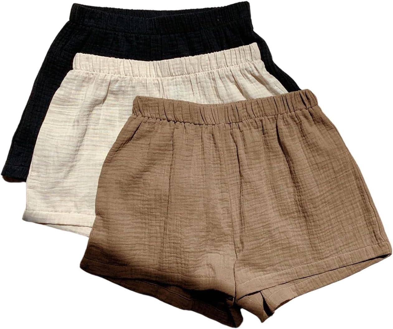 MakeMeChic Women's 3 Pack Linen Shorts Plaid Gingham Striped Summer Beach Boxer Shorts