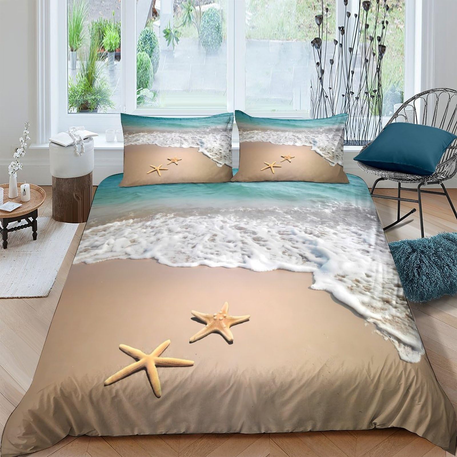 Ctjqhvkz Style-6 3D Printed Beach Ocean Wave Fitted Sheet Microfiber Soft Starfish Sand Mattress Cover Bedroom Decor Easy Care Single（135X200cm）