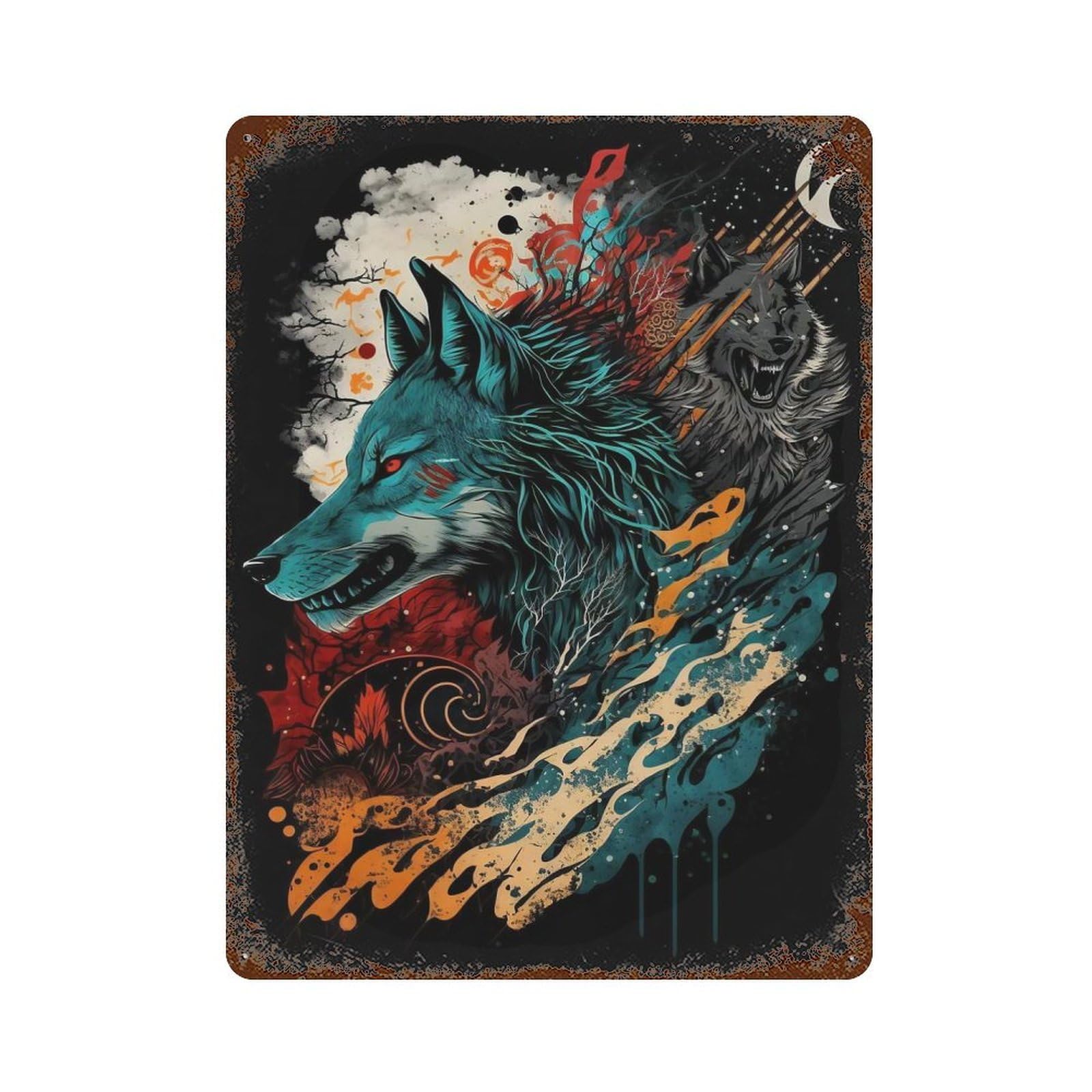Vibrant Wolf Aged Metal Wall Plaque 15.7"x11.8", Farmhouse Wall Decor for Patio, Garden Room And Bar Decor