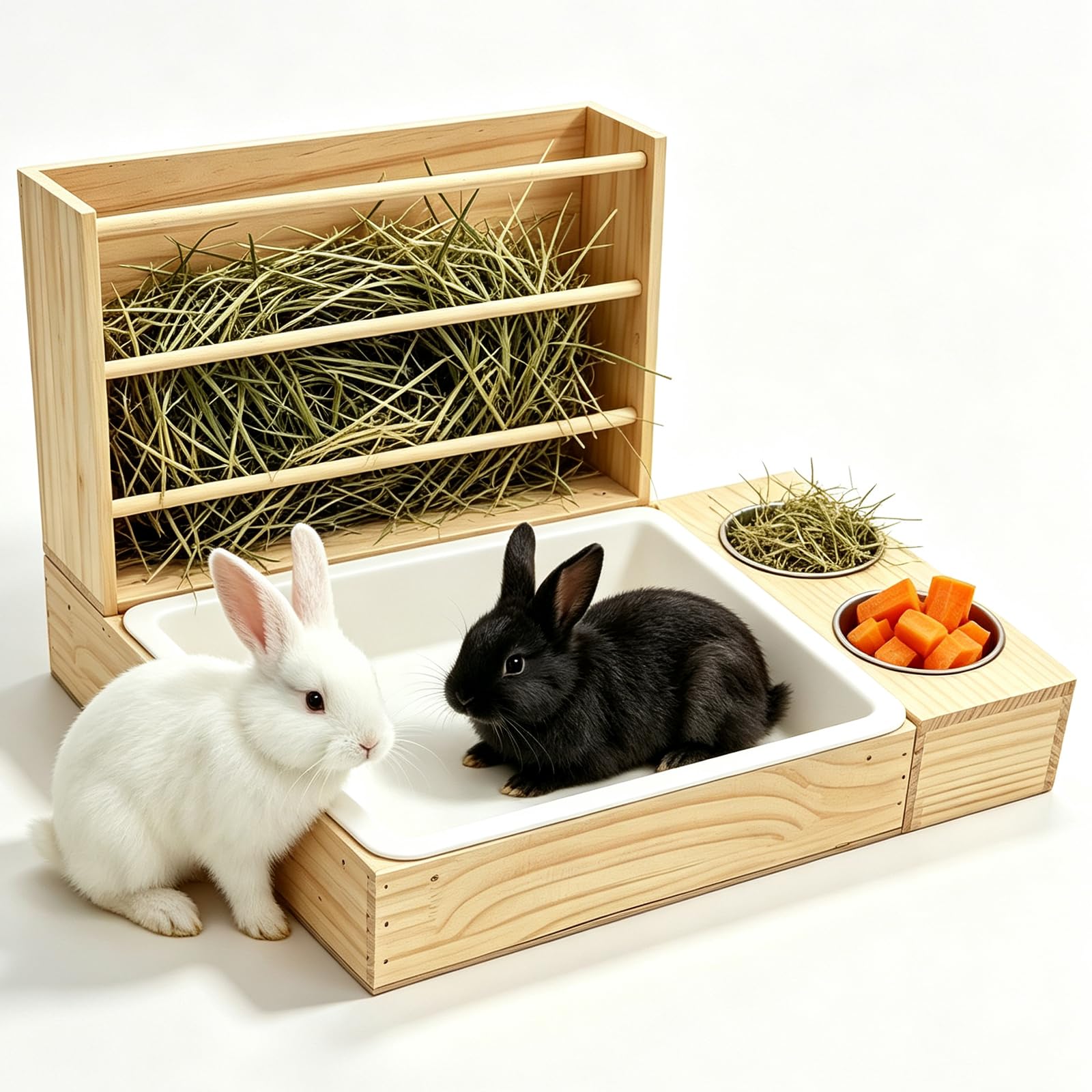 Râteau à foin 3 en 1 pour lapin avec litière et gamelles de nourriture, distributeur de nourriture en bois, mangeoire pour petits animaux avec distributeur de foin pour cochons d'Inde, hamsters et