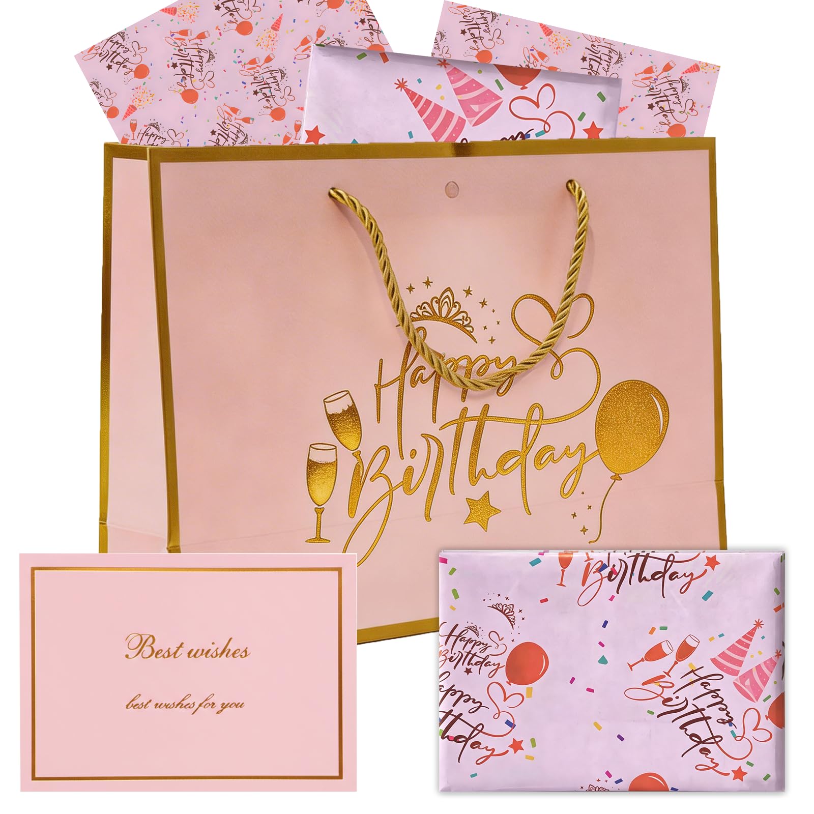 Happy Birthday Gift Bag with Card & Wrapping Paper, Pink Gold Foil Keepsake Present Bags for Girls Her Best Wishes, Elegant Anniversary Party Christmas Decorations Supplies