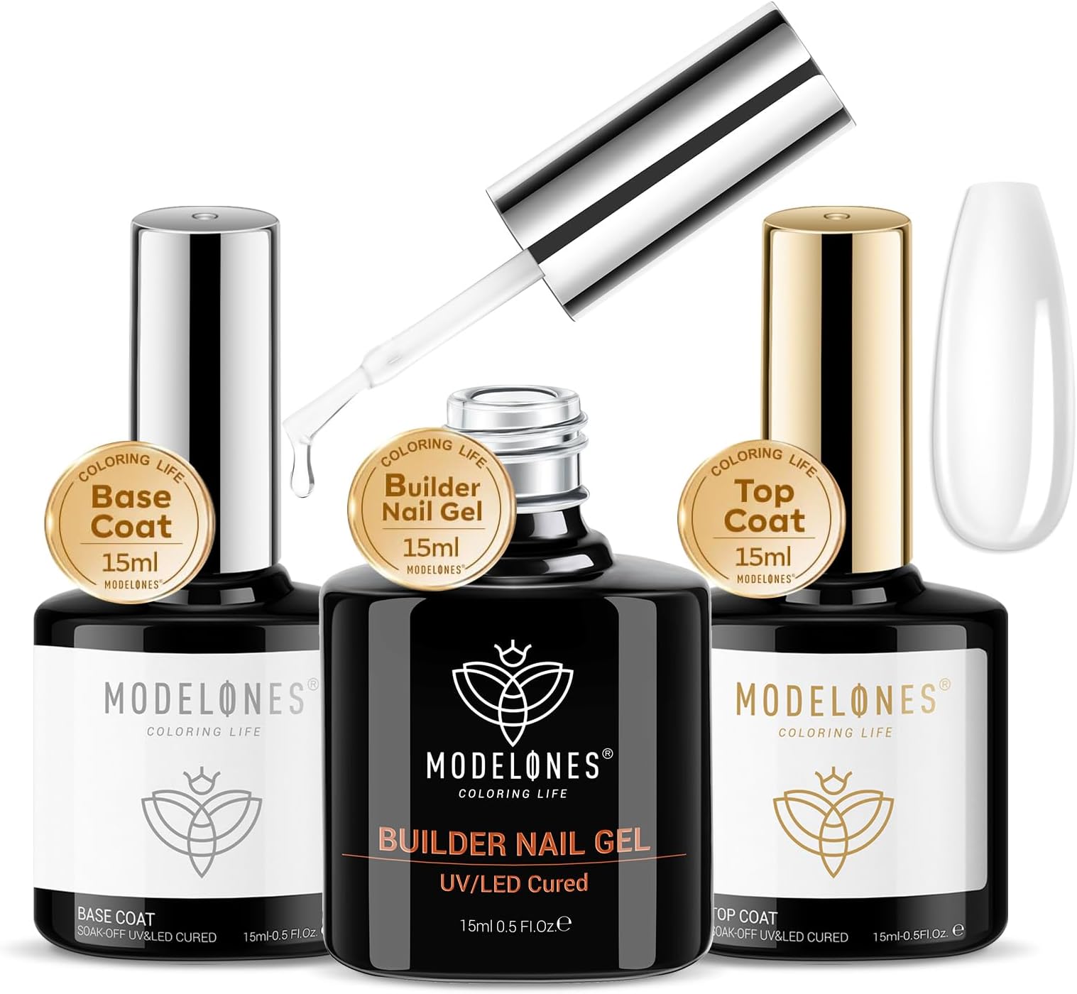 Modelones Builder Gel with Top Coat and Base Coat Set, 3Pcs No Wipe Base and Top Coat Gel Nail Polish with Gel Builder for Nails, Hard Gel Nail Strengthener Extension Builder Gel in a Bottle