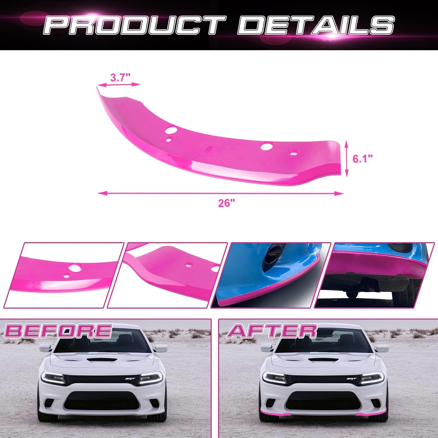 x xotic tech 2PCS Front Splitter Spoilers Protector Bumper Lip Corner Edge Kit Compatible with Dodge Charger Hellcat/SRT 392/Scat Pack/RT Scat Pack 2015-2024, GT/RT 2019-2024, Pink