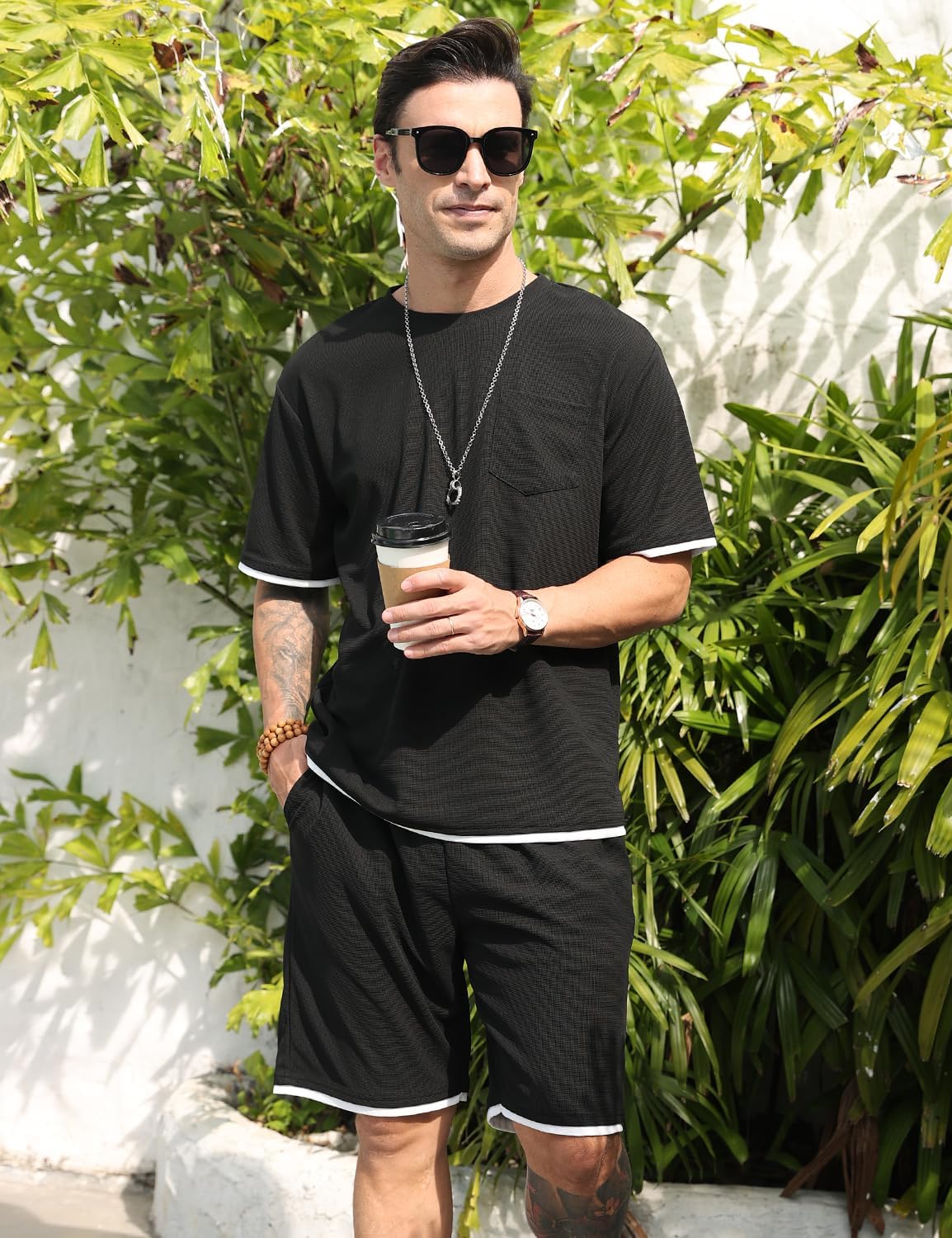 Men's Fashion 2 Piece Waffle Shirt and Shorts Sets Summer Beach Outfits Casual Tracksuits Set with Pockets - Image 3