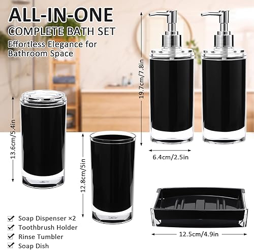 Miniatura 3 de BSSN Juego de accesorios de baño de acrílico negro, 6 piezas, dispensador de jabón de loción, soporte para cepillo de dientes, vaso, jabonera,