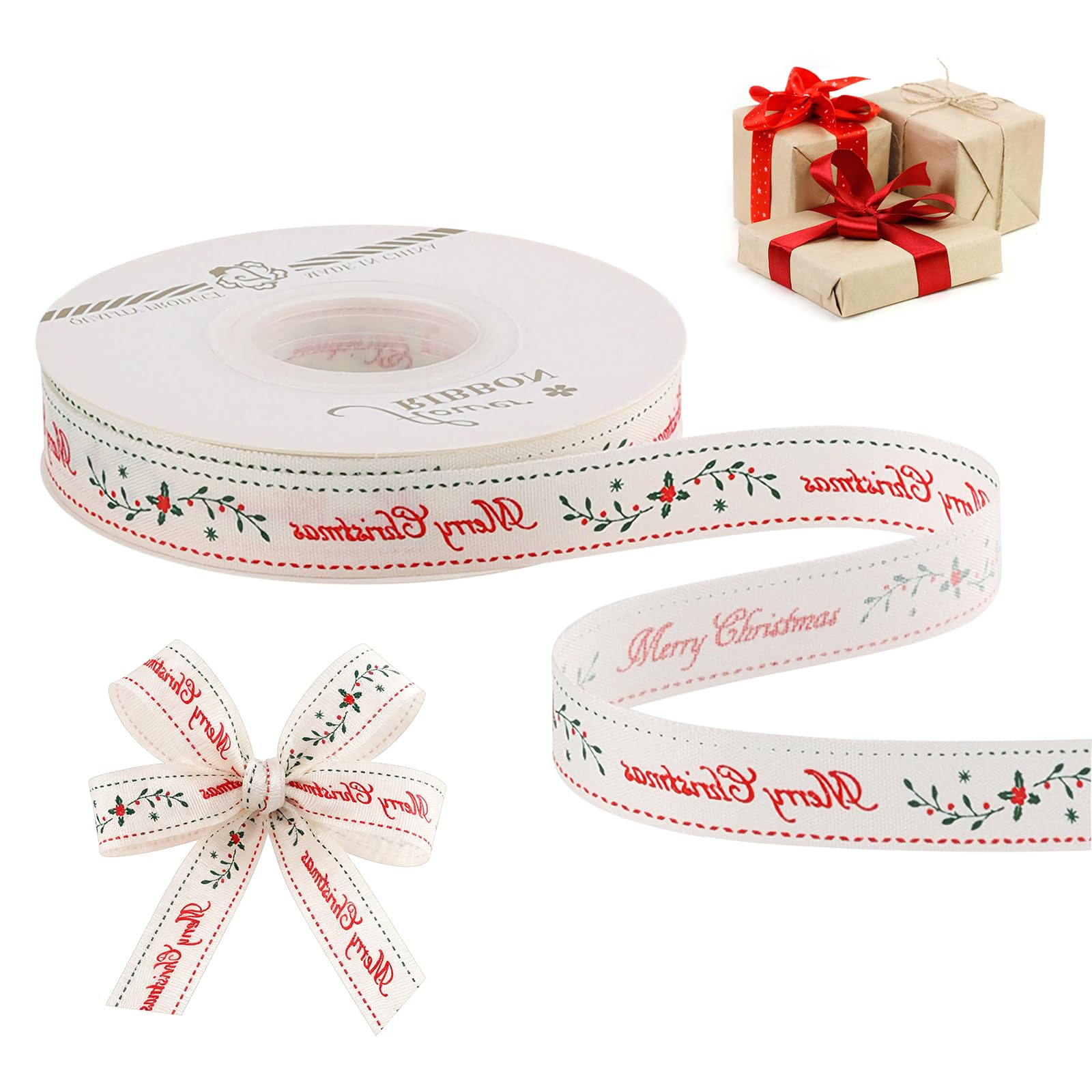 Christmas Ribbon for Gift Wrapping, Thick Fabric Silk Satin Floral Ribbons for Crafts (Red Berries-1.5cm) โ image 1