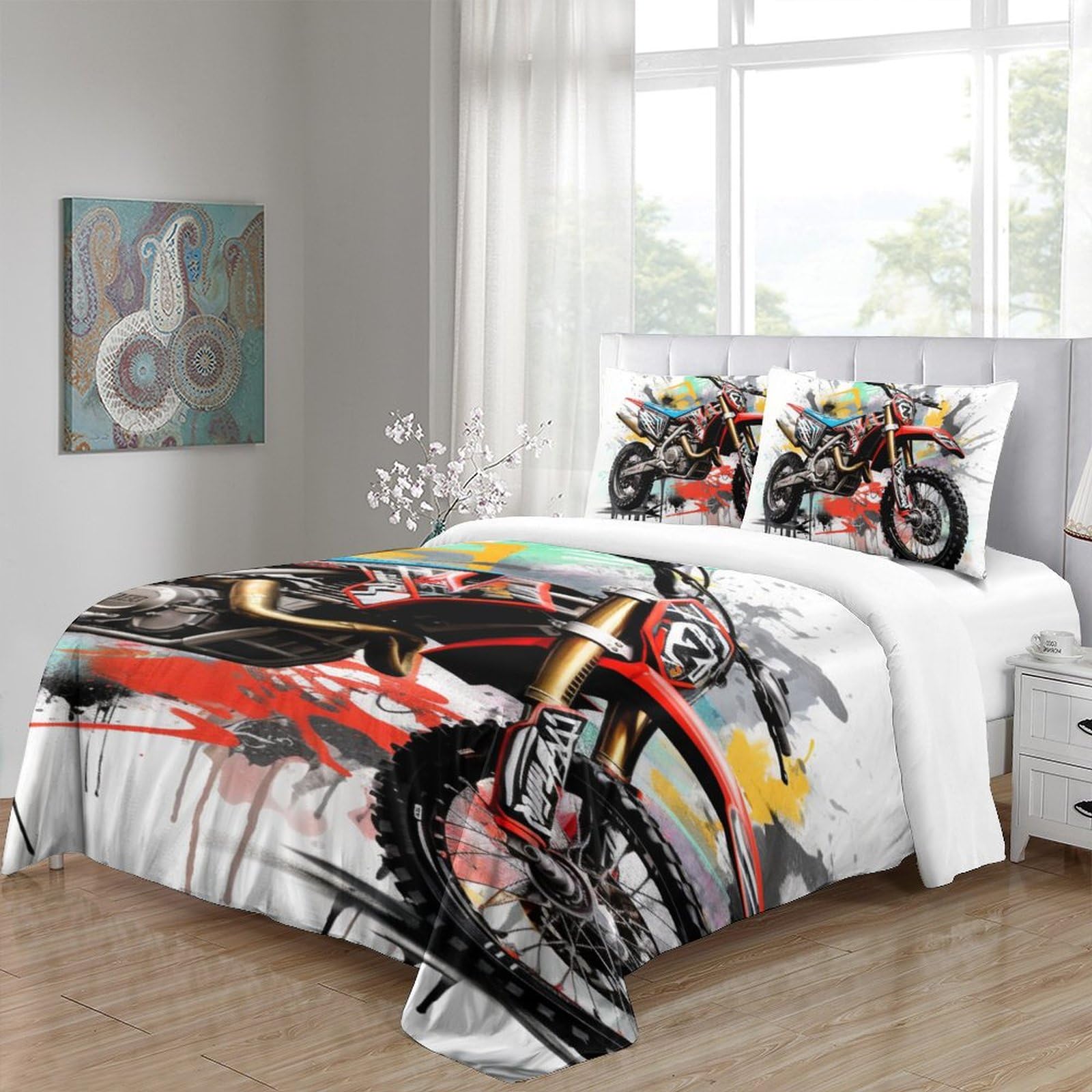 Zestaw pościeli 3D dla dzieci Dorośli 3 sztuki, poszwa na poduszkę z mikrofibry i zamek błyskawiczny Motocross Wyścigi Rower Pojedynczy (140 x 200 cm)