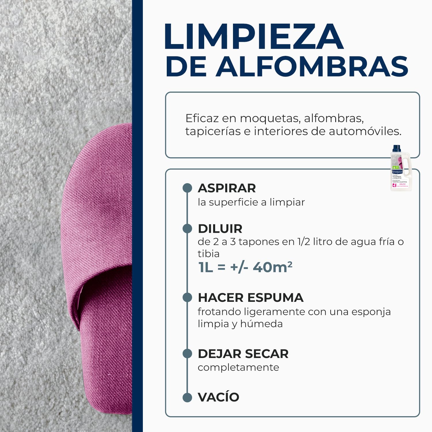 STARWAX - Champú Alfombras y Moquetas -Limpia en profundidad moquetas y alfombras de fibras naturales y sintéticas -1L - 30 a 40m²