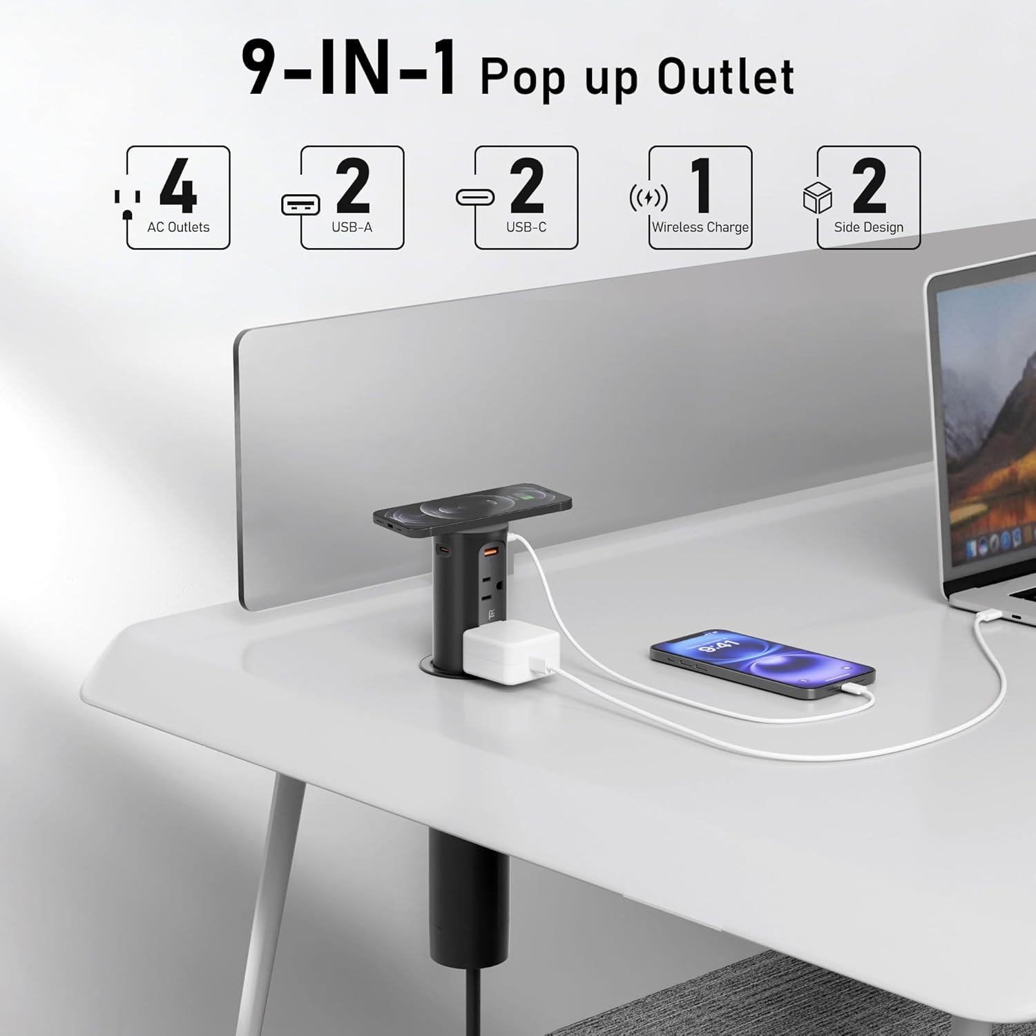 Pop Up Outlet for Countertop with 15W Wireless Charging Pad,20W USB C,Recessed Power Strip 2.5-Inch Hole,Tamper Resistant Receptacle,4 USB,4 Outlets for Kitchen,Office Desk,ETL Listed (Black)