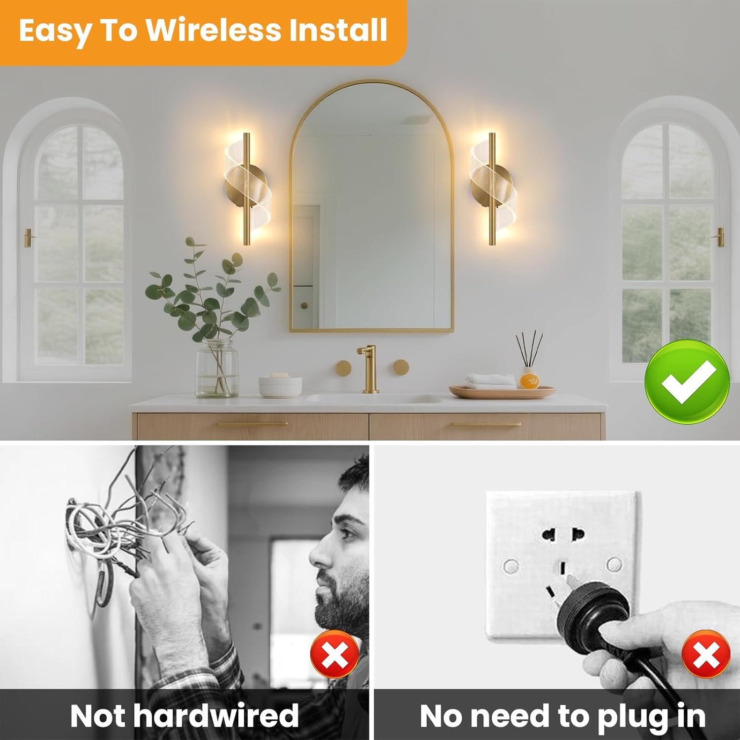 Cordless Wall Sconces Set of 2, Helical Wireless Rechargeable Battery Wall Light with Remote Control Dimmable. Portable Lighting for Wall Painting, Living Room, Bedroom, Night Light. 11.8''Gold