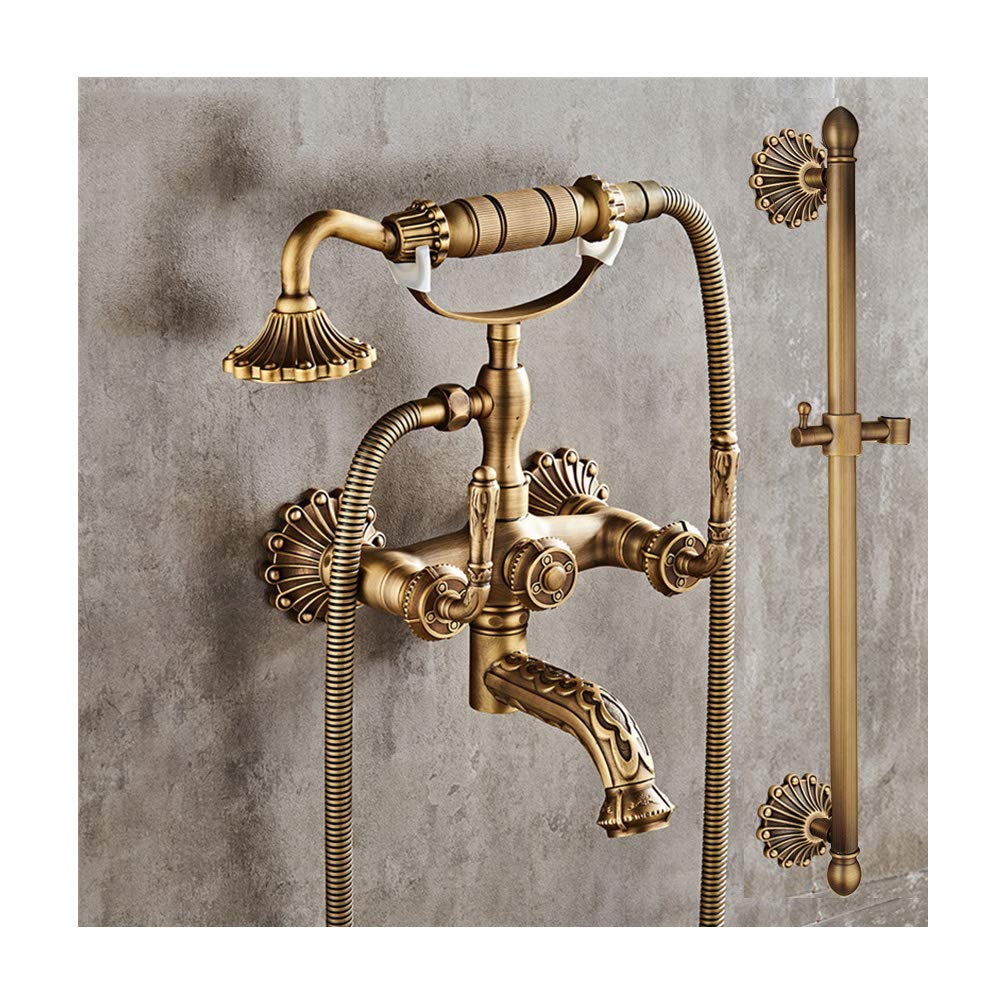 JYBNBBE Bathtub Faucet with Handheld Shower Antique Brass Wall Mounted Multifunctional Mixer Tap Double Handle Telephone Shape Shower Set with Cold and Hot, Adjustable Slide Bar