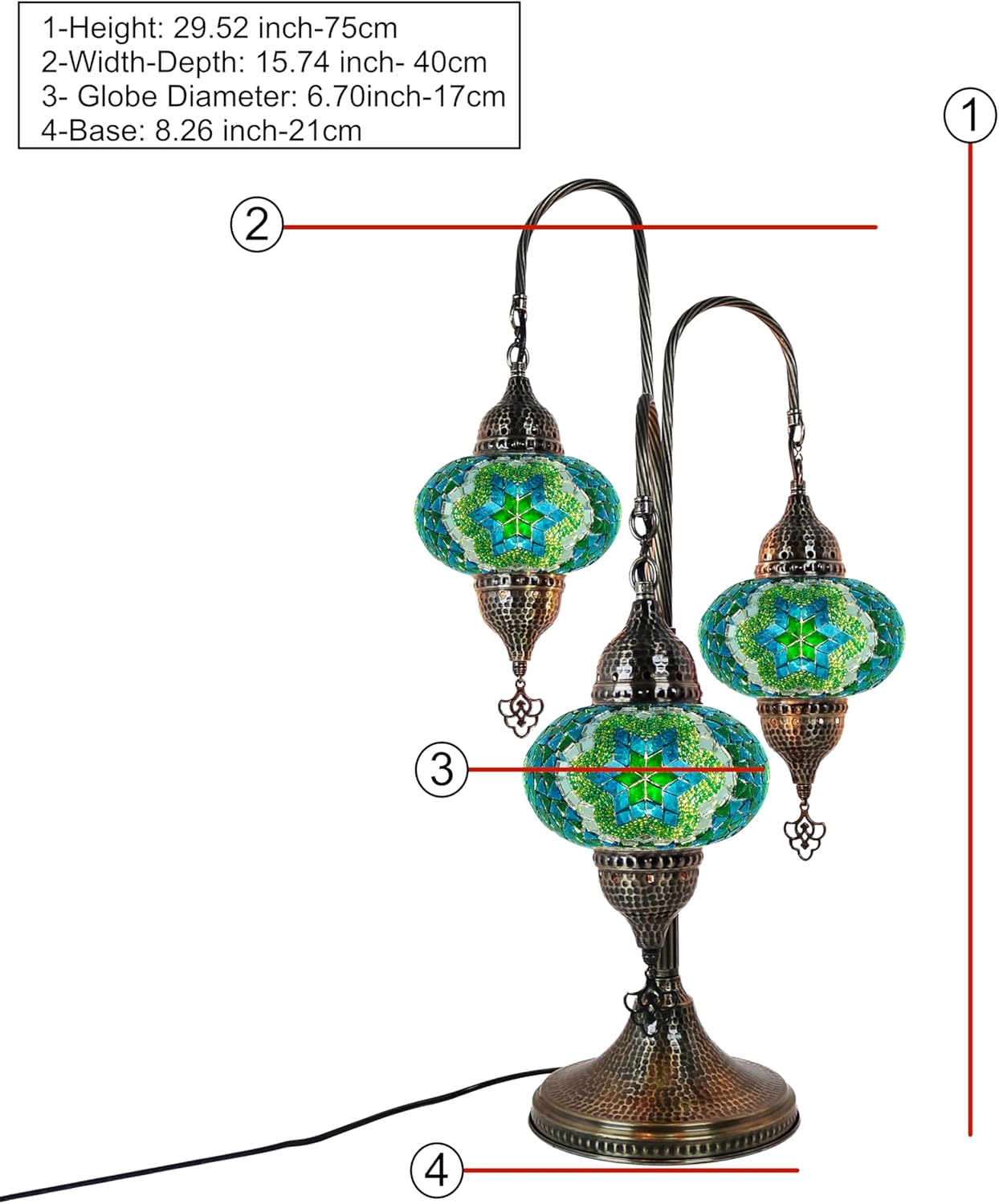 Turkish Mosaic Bedside Lamp 3-Globe Tree Design | Exquisite Moroccan & Turkish Lamps | Vintage Desk & Unique Table Lamp Assortment for Home Décor (Green Turquoise)