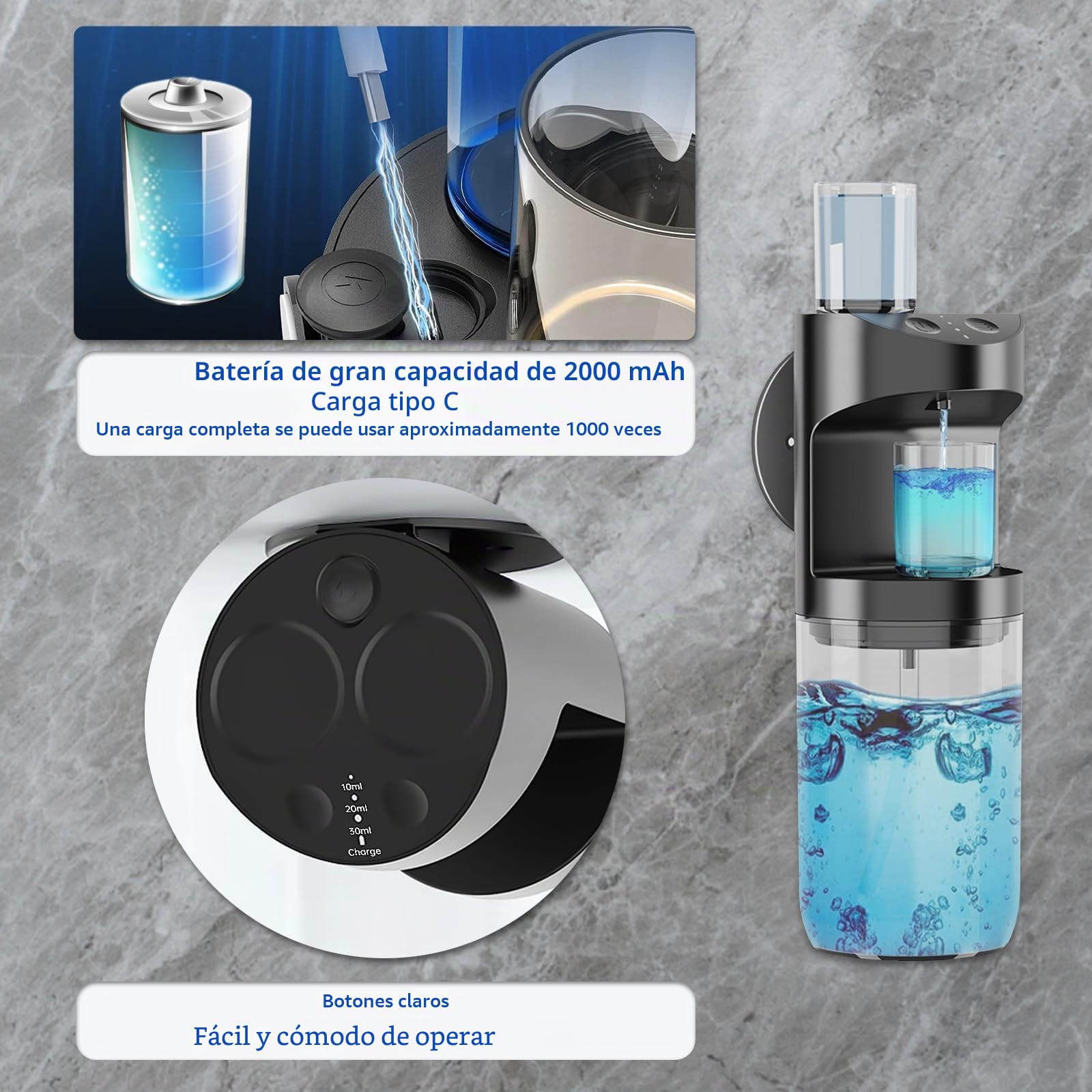 Dispensador de Enjuague Bucal Baño,550ML Automático Dosificador de Enjuague Bucal,USB Recargable Dispensador Jabon con 2 Magnéticos Vasos Plastico,para Adultos y Niños,Negro