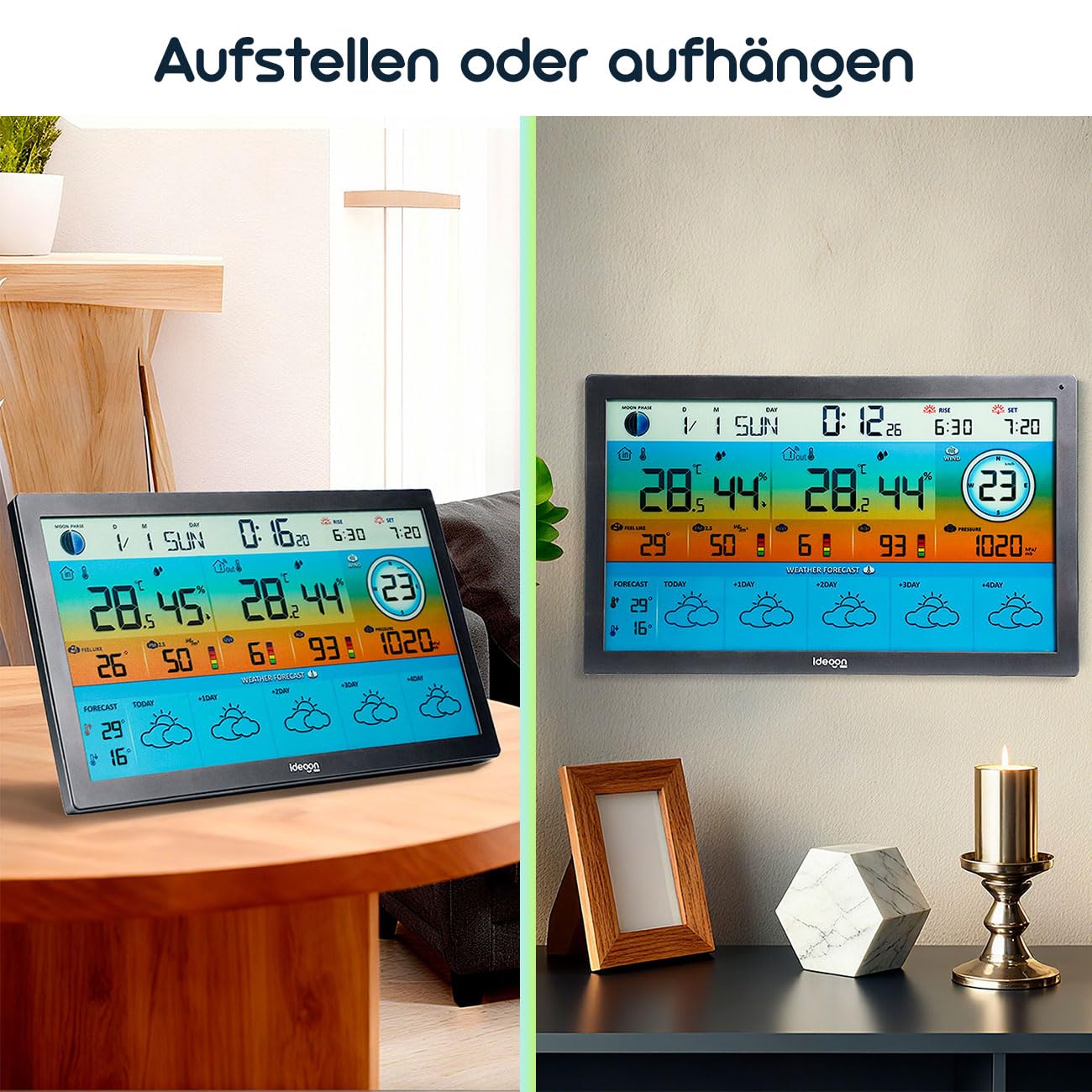 ideoon WLAN Funk Wetterstation mit XXL-Farb-Display – 5 Tage Wettertrend, Thermometer/Hygrometer, Feinstaub & UV-Index, Barometer, Tuya App