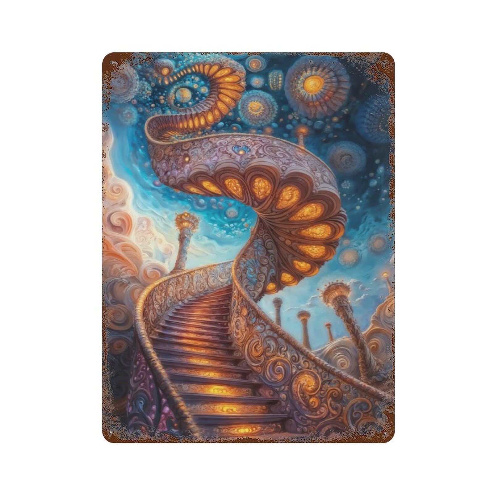 Ornate Stairway to The Sky 15.7"x11.8" Rusty Metal Tin Sign, Farmhouse Wall Decor for Office, Studio And Wall Decor