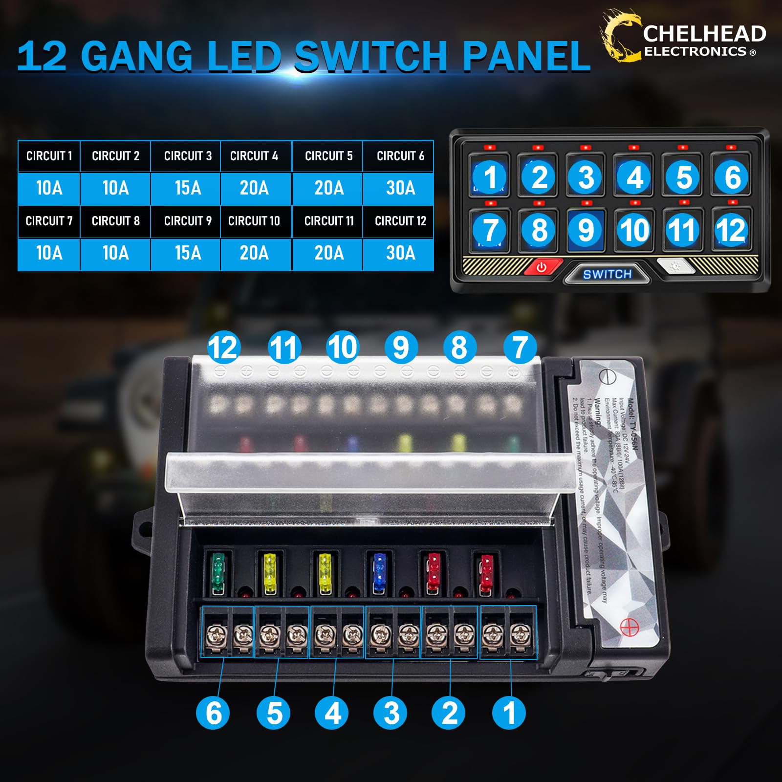 Chelhead 12 Gang 12V-24V Schalter Panel RGB mit Einstellbare Helligkeit 80A | 12-fach Schalterpanel Touch-Steuerung mit RGB Farben und Relais-System. Einfache Kontrolle für Autos, LKW, Boote, UTV, SUVs