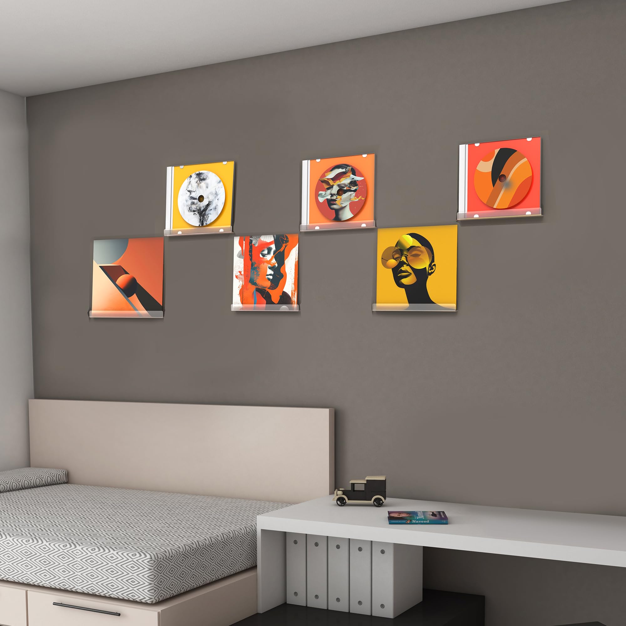 MINDEPOT Soporte de pared para discos de vinilo, paquete de 6 unidades de 12 pulgadas, estante transparente de exhibición de libros de música para decoración del hogar, habitación de niños, arte de