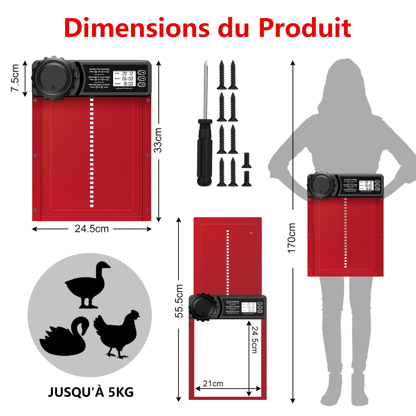 Porta Pollaio Automatico Batteria con Timer | Porta Automatica Pollaio in Alluminio con Display LCD Programmabile Impermeabile, Funzione Anti-pizzico, Apriporta Verticale