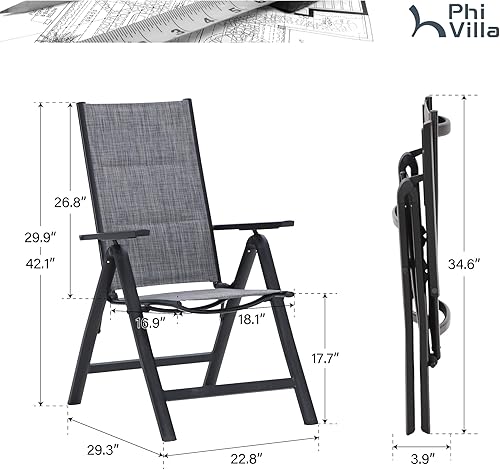 Miniatura 9 de PHI VILLA Juego de 4 sillas plegables de comedor para patio, sillas reclinables y portátiles ajustables para patio, sillas reclinables de aluminio
