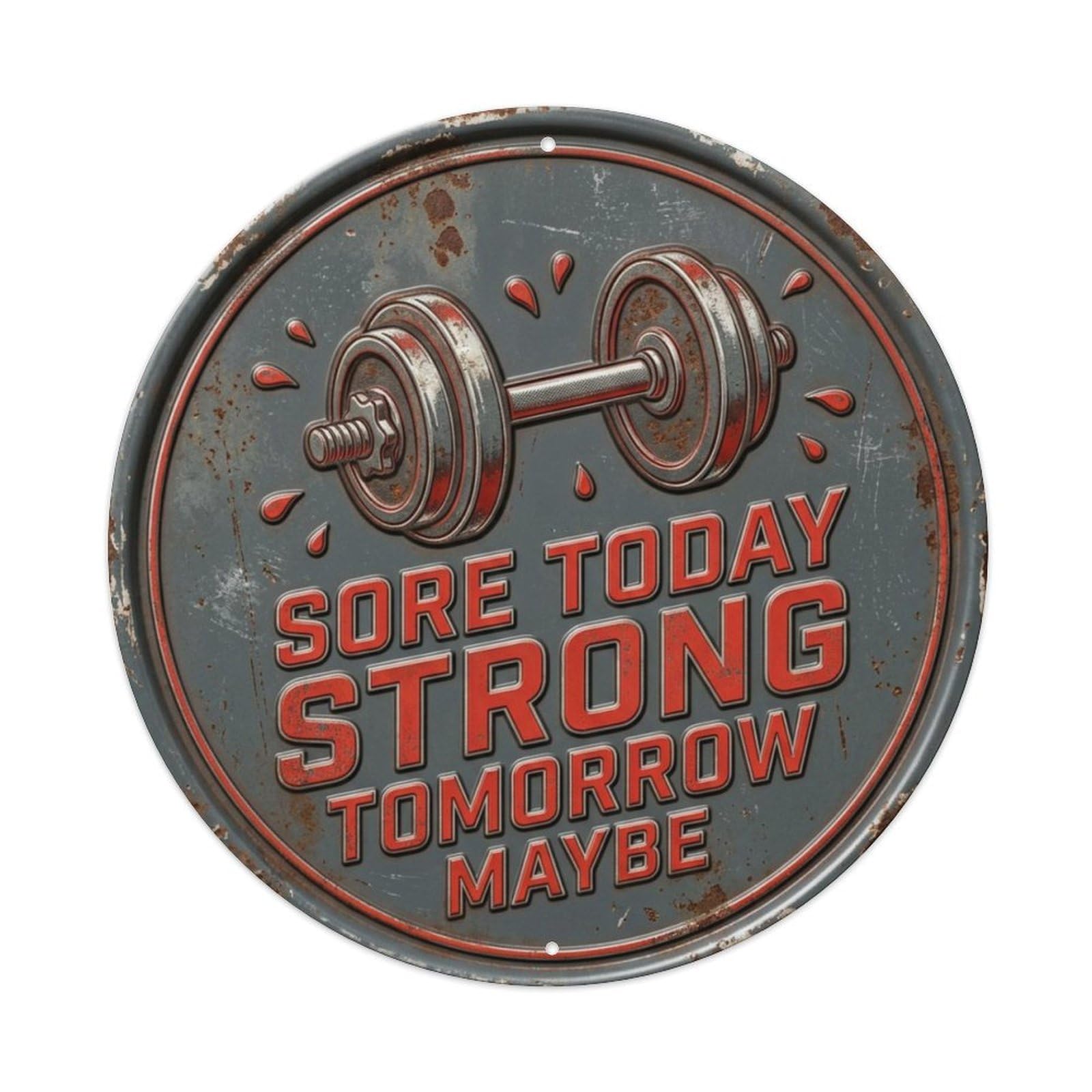 Dumbbell Strength Gym Metal Tin Sign Plaque Wall Decor for Cafe, Club Bar, Office, Home Garden Round Metal Poster 8x8Inch