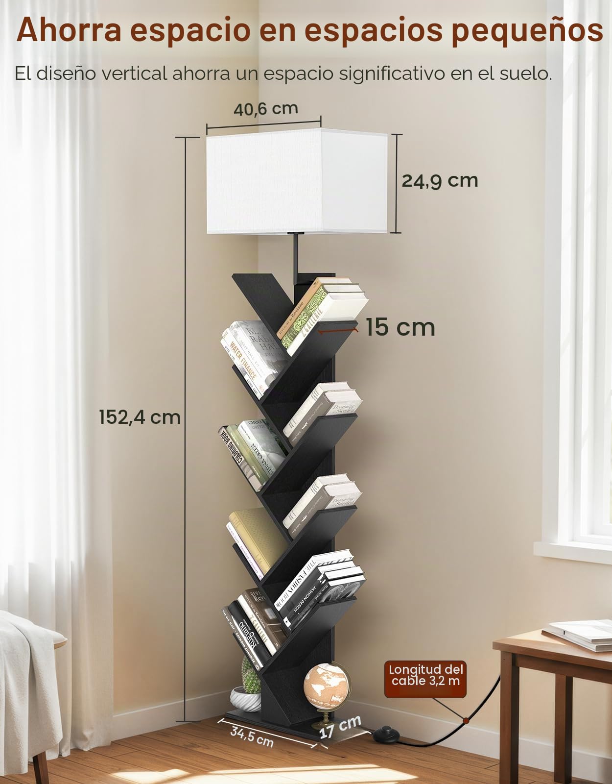 Estantería En Árbol con Luz, Estante De Esquina De 9 Niveles, con Mando A Distancia Y Temporizador, Mueble Estrecho De Madera para Libros, CDs, DVDs, Salón, Dormitorio, Oficina(Negro)