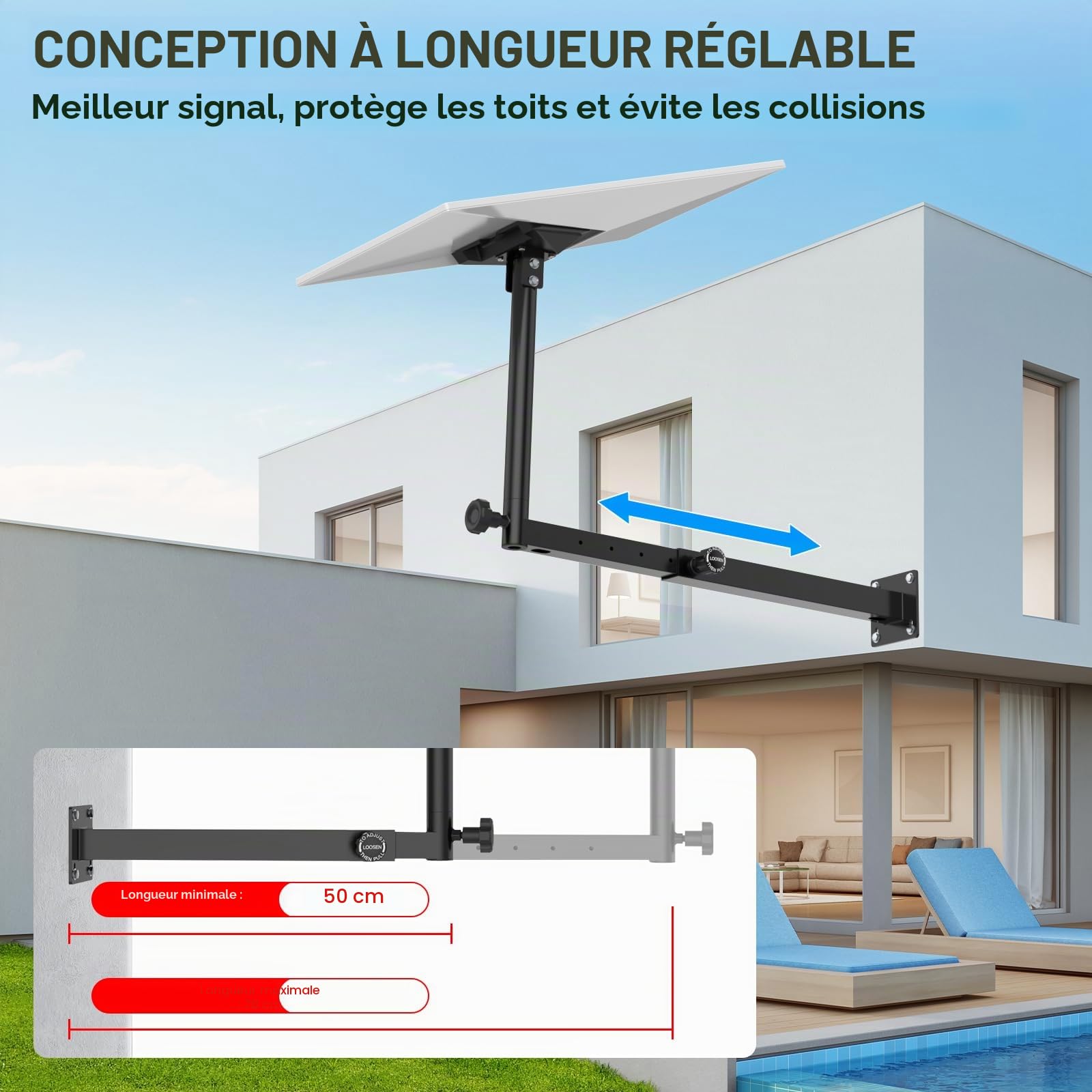 IMAYCC Kit de Starlink Gen 3 Mount, Rétractables Longue Support Mural de Toit Starlink V3 360° Réglable et Rotatif avec Adaptateur de Tube Starlink Gen 3 pour Starlink Internet Standard Kit