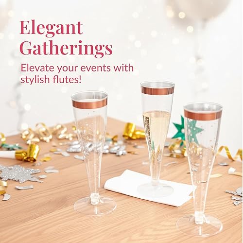 Vista 58 de Prestee Paquete de 48 copas de champán desechables de plástico, copas de flauta con purpurina dorada para champán, barra de mimosa, suministros