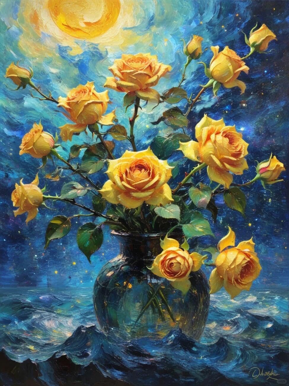 Henypt Cross Stitch Kit Roses and the Starry Sky Flowers DIY Needlepoint Set for Adults Beginners with Accessories Handmade DIY/Gifts 14CT 50x70cm