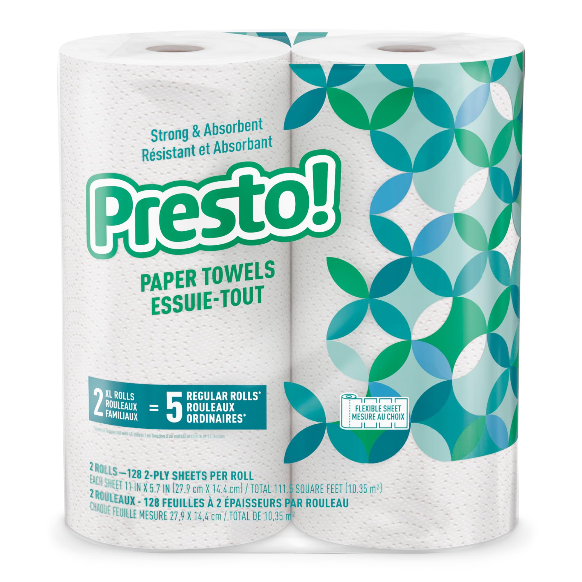 Amazon Brand - Presto! Kitchen Paper Towels - Flex-a-Size, 128 Sheet Family Roll, 2 Rolls