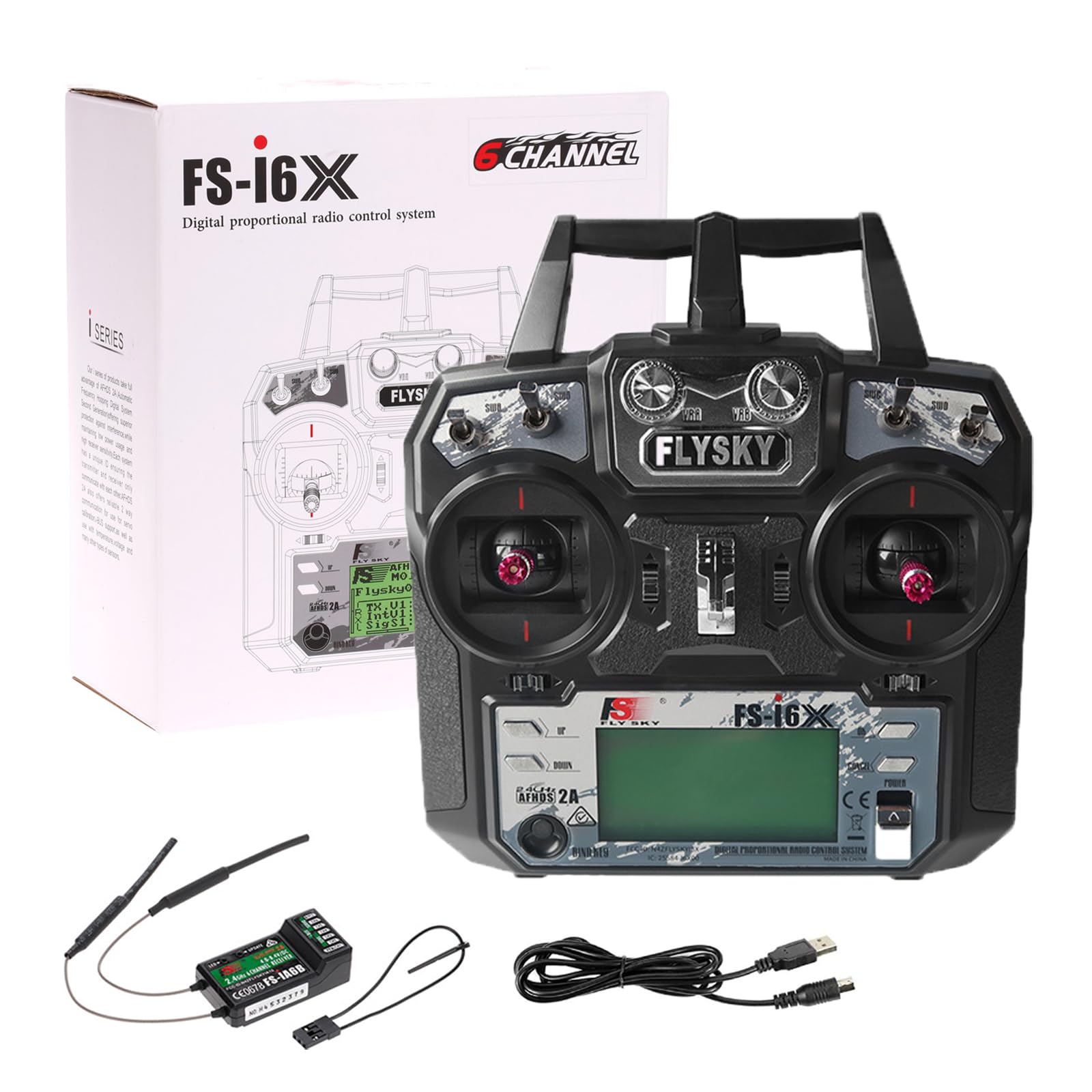 Flysky FS-i6X 2,4 GHz 10CH AFHDS 2A Émetteur RC avec récepteur FS-iA6B pour drone RC, avion et hélicoptère
