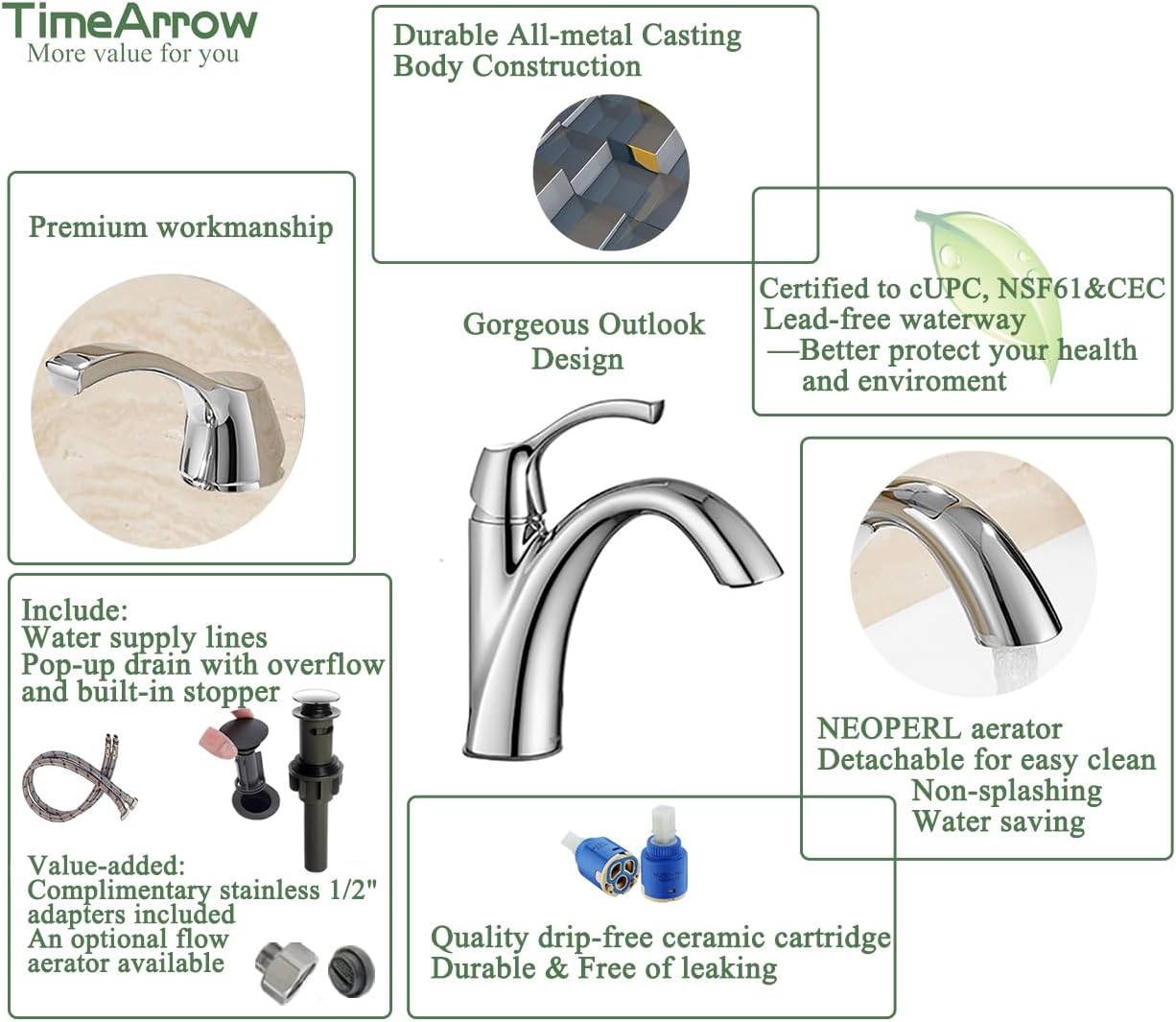 Chrome Bathroom Faucet, Single Handle Bathroom Sink Faucet for 1 Hole with 3 Holes Deck Plate, Lavatory Vanity Faucets, Pop Up Drain and Water Supply Lines Included, TAF206-CP - Image 4