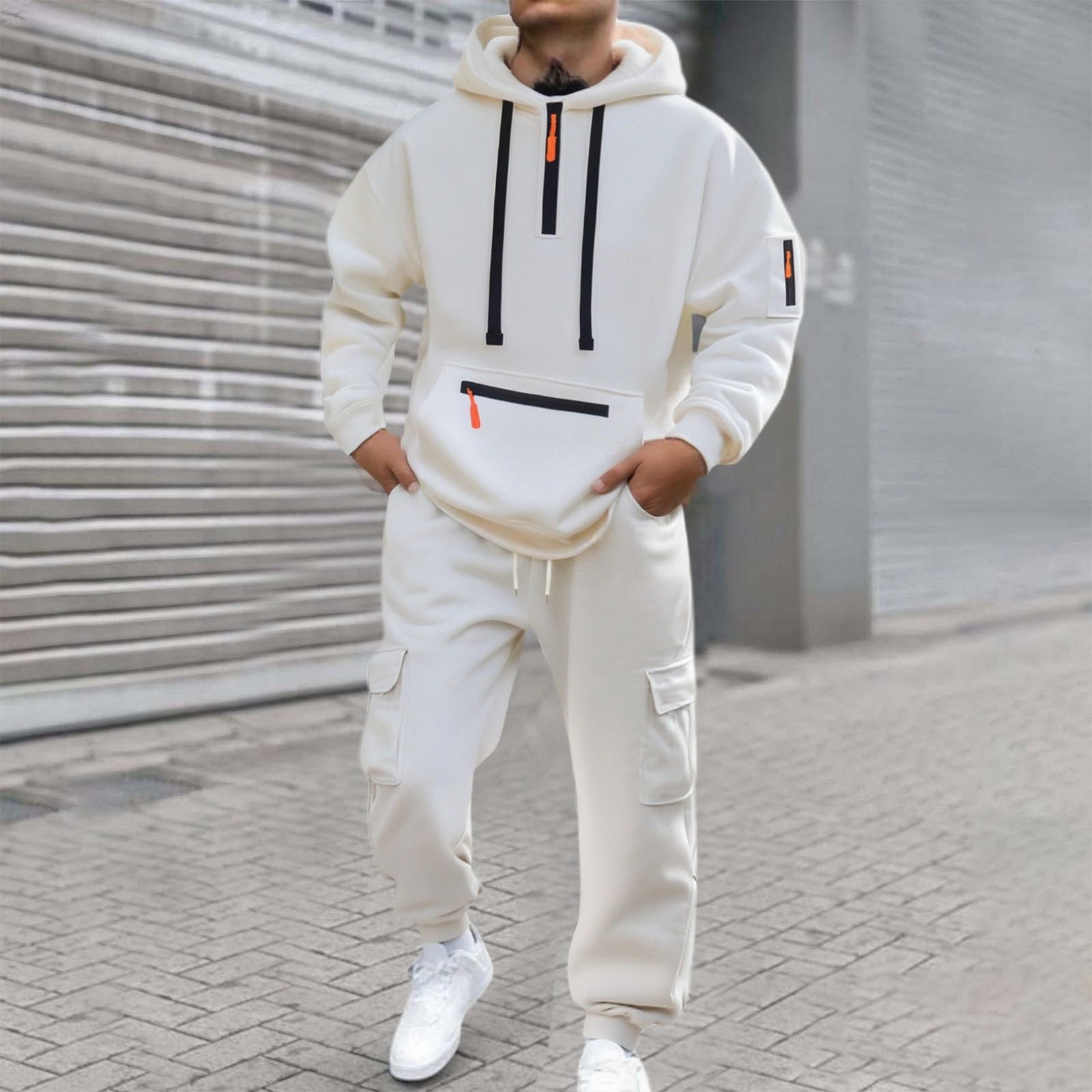 Set da jogging da uomo, 2 pezzi, felpa da jogging in maglia autunnale, morbida, sportiva, con scollo rotondo, tasche, calda, traspirante, confortevole, leggero, allenamento A110